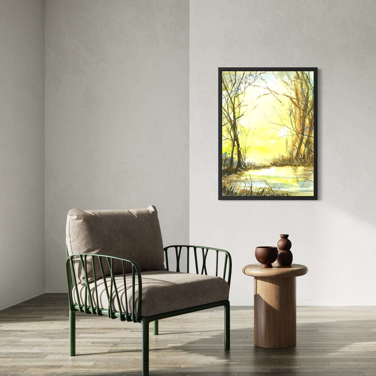 Winter forest watercolor painting with glowing sunlight – tranquil creek/pond reflection, muted branches, and luminous atmosphere