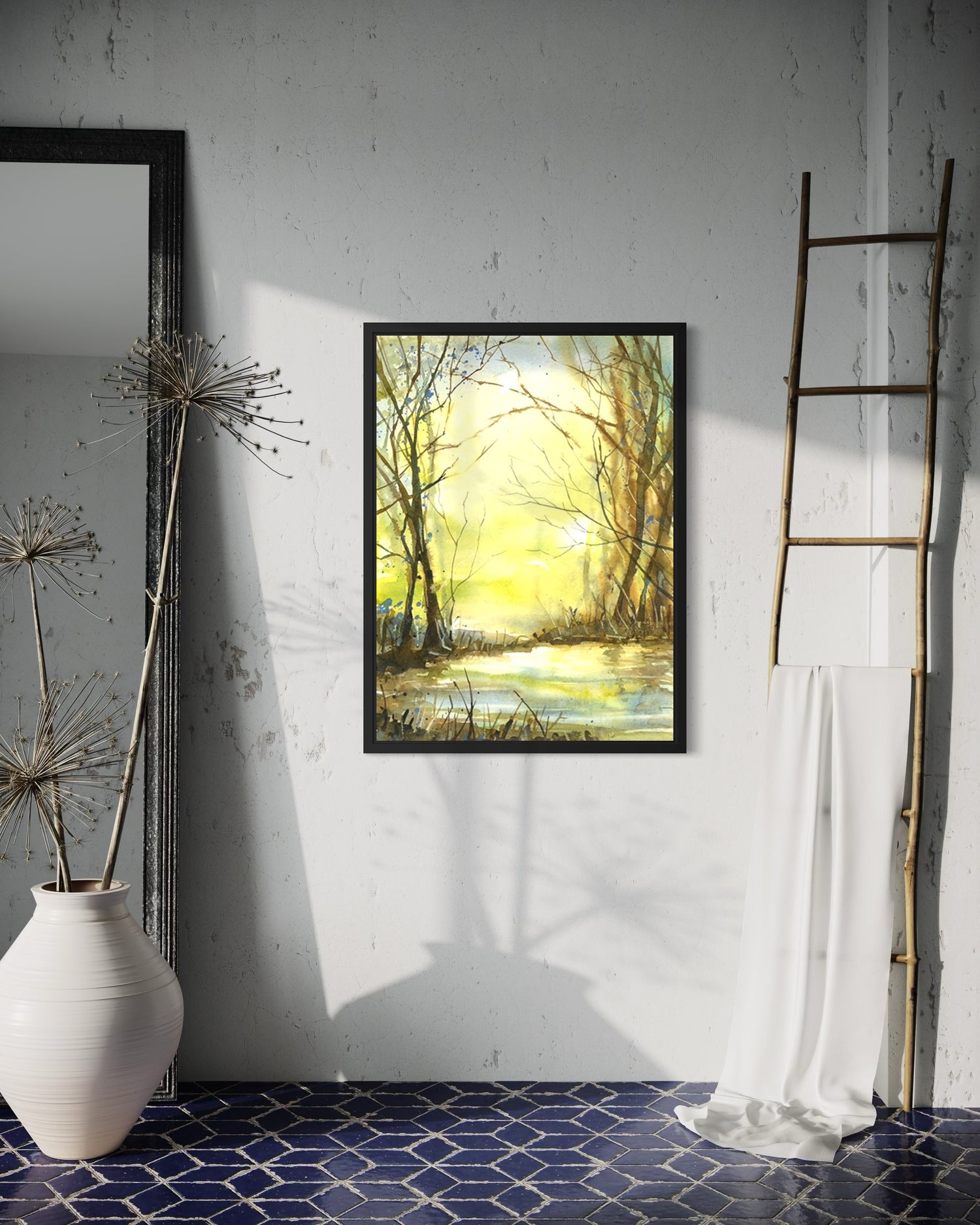Watercolor woodland river scene at dawn – tall tree silhouettes, soft splatter textures, and bright backlit sky for rustic home decor