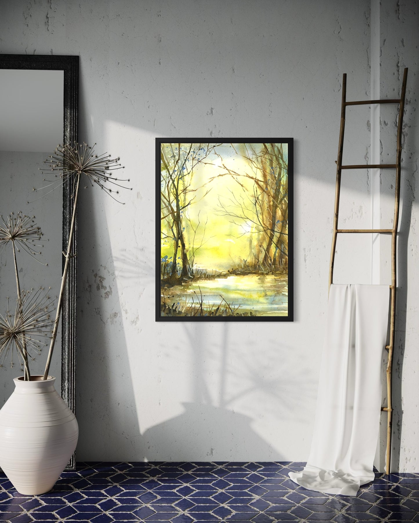 Original watercolor forest scene at dawn with sunlit mist and reflective water, nature-inspired wall decor for living room