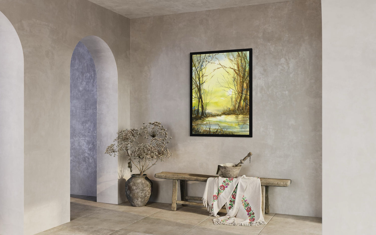 Sunlit forest watercolor painting with reflective river – warm yellow morning light, loose washes, and atmospheric woodland scenery