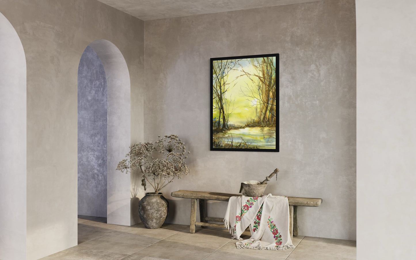 Forest landscape at sunset colorful watercolor painting suns rays trees wildlife decor art for house handmade item (print)