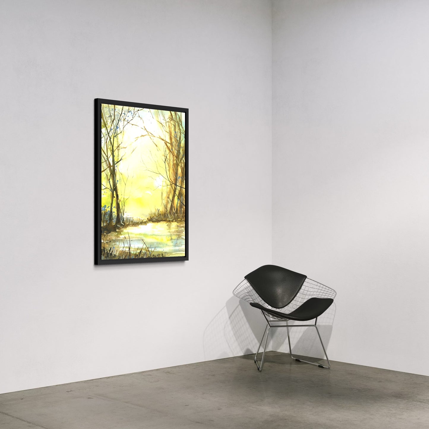 Watercolor woodland sunrise painting with glowing yellow light, tree silhouettes, and peaceful river/pond, rustic cabin decor