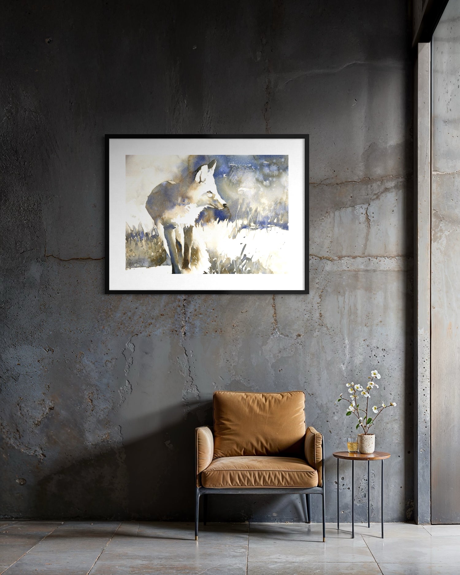 Wildlife watercolor fox artwork standing in snowy field with tall grasses, misty atmosphere, and expressive wet-on-wet texture