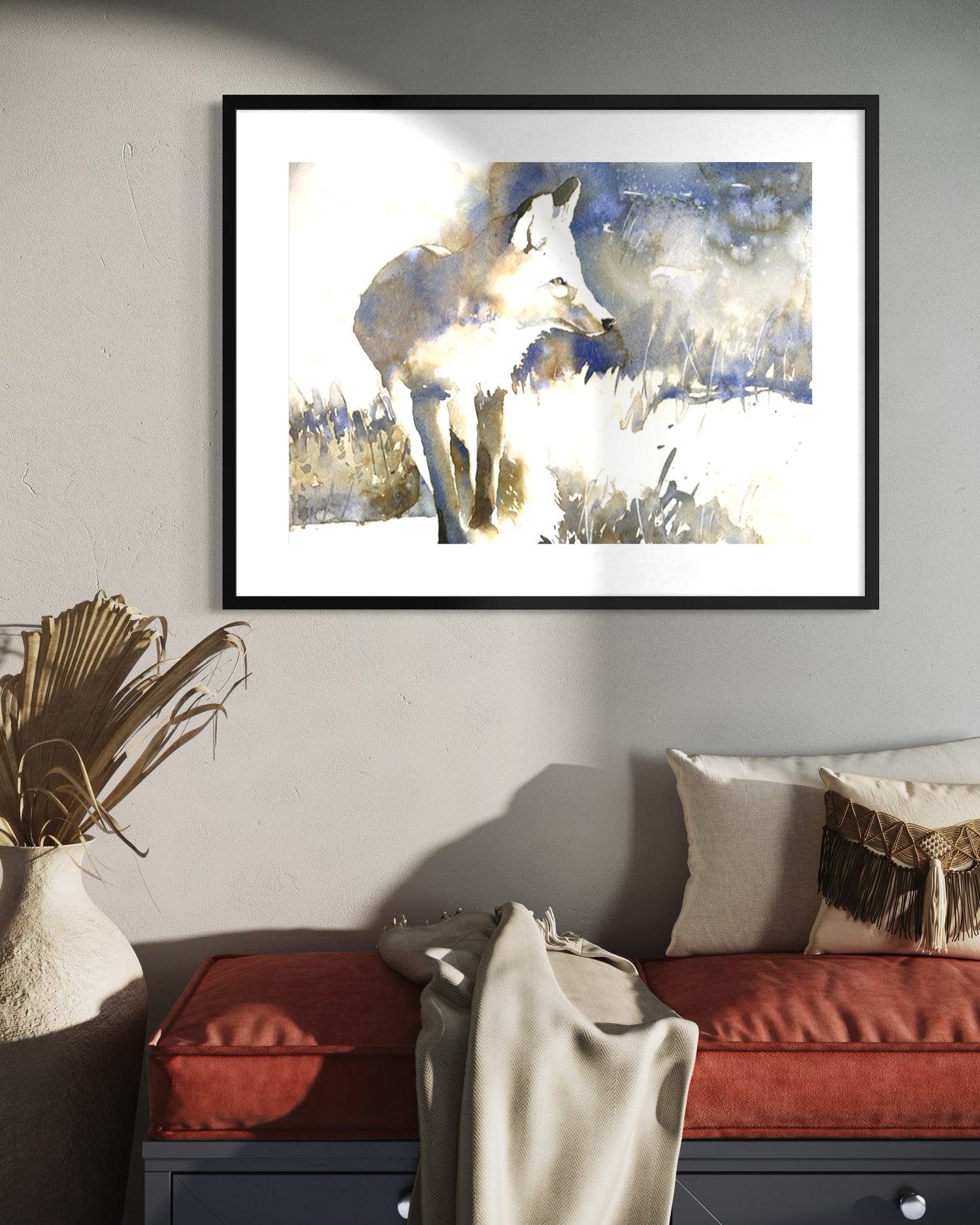Loose realistic watercolor fox art print – serene winter wildlife scene with snowdrifts, grasses, and moody blue-gray shadows