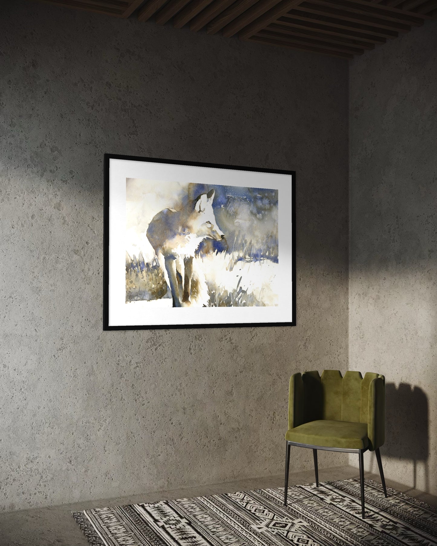 Fox in snow watercolor illustration featuring soft fur detail, atmospheric light, and minimal background for rustic lodge wall decor