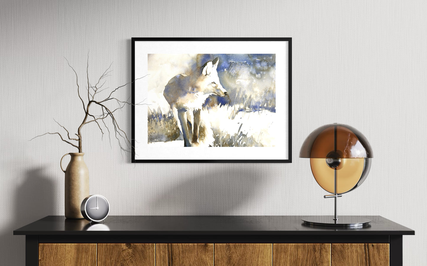 Winter fox watercolor landscape painting – woodland animal art with cool neutral palette, glowing highlights, and natural brush strokes