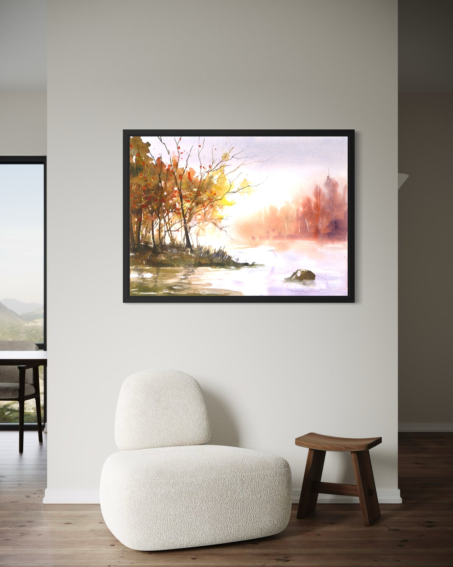 Colorful watercolor landscape painting trees sunset water handmade item wall art home decor wildlife artwork (original)