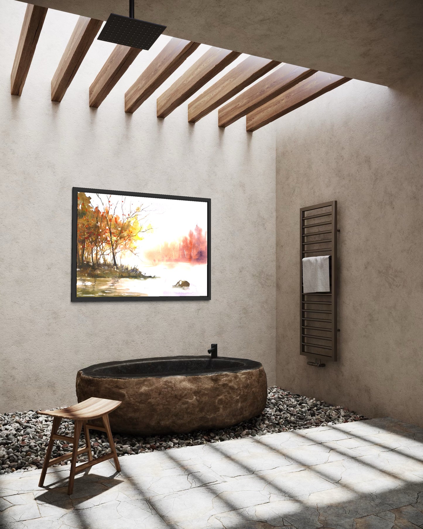 Loose watercolor autumn woodland lake scene with red and gold leaves, misty background, and tranquil shoreline, nature art print