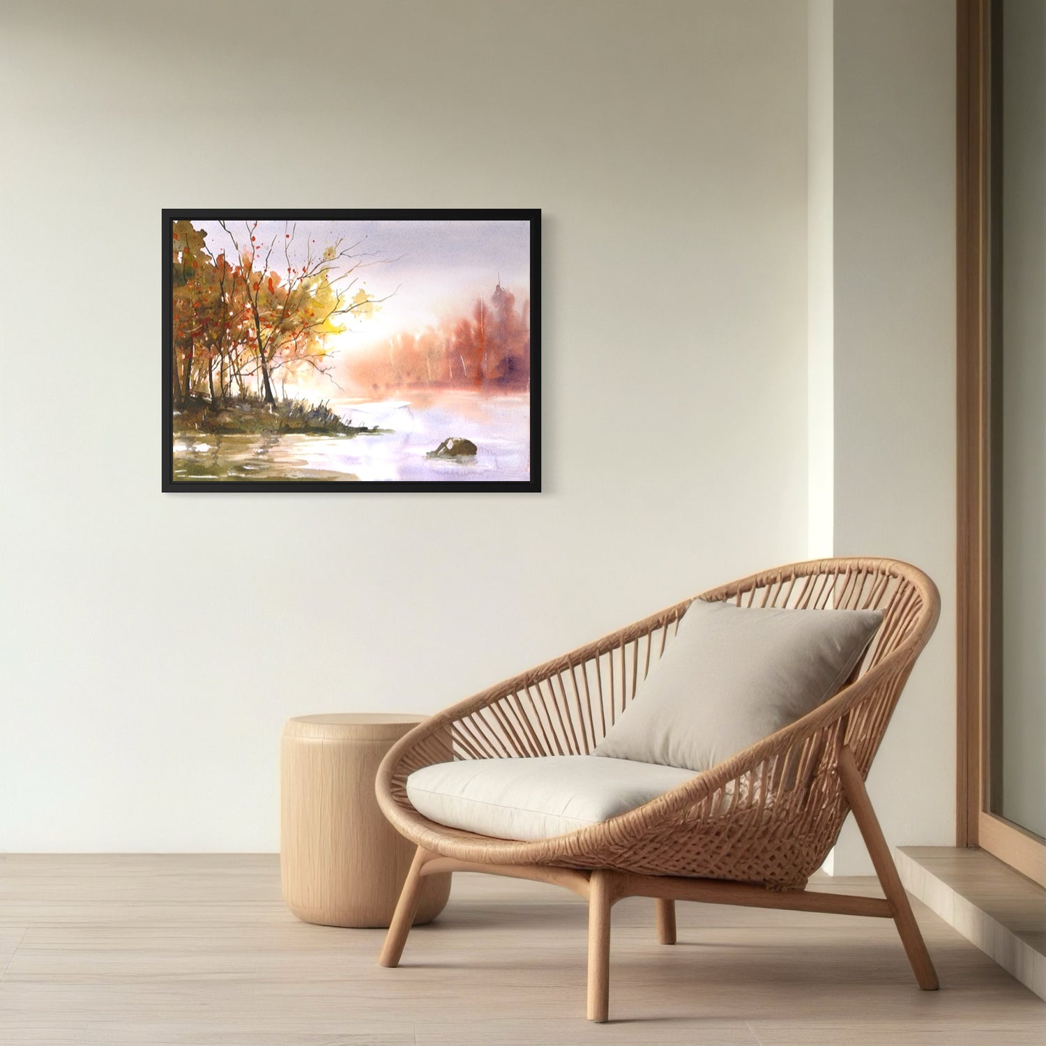 Atmospheric watercolor landscape of autumn forest by a quiet river with orange leaves, loose splatter texture, and morning haze