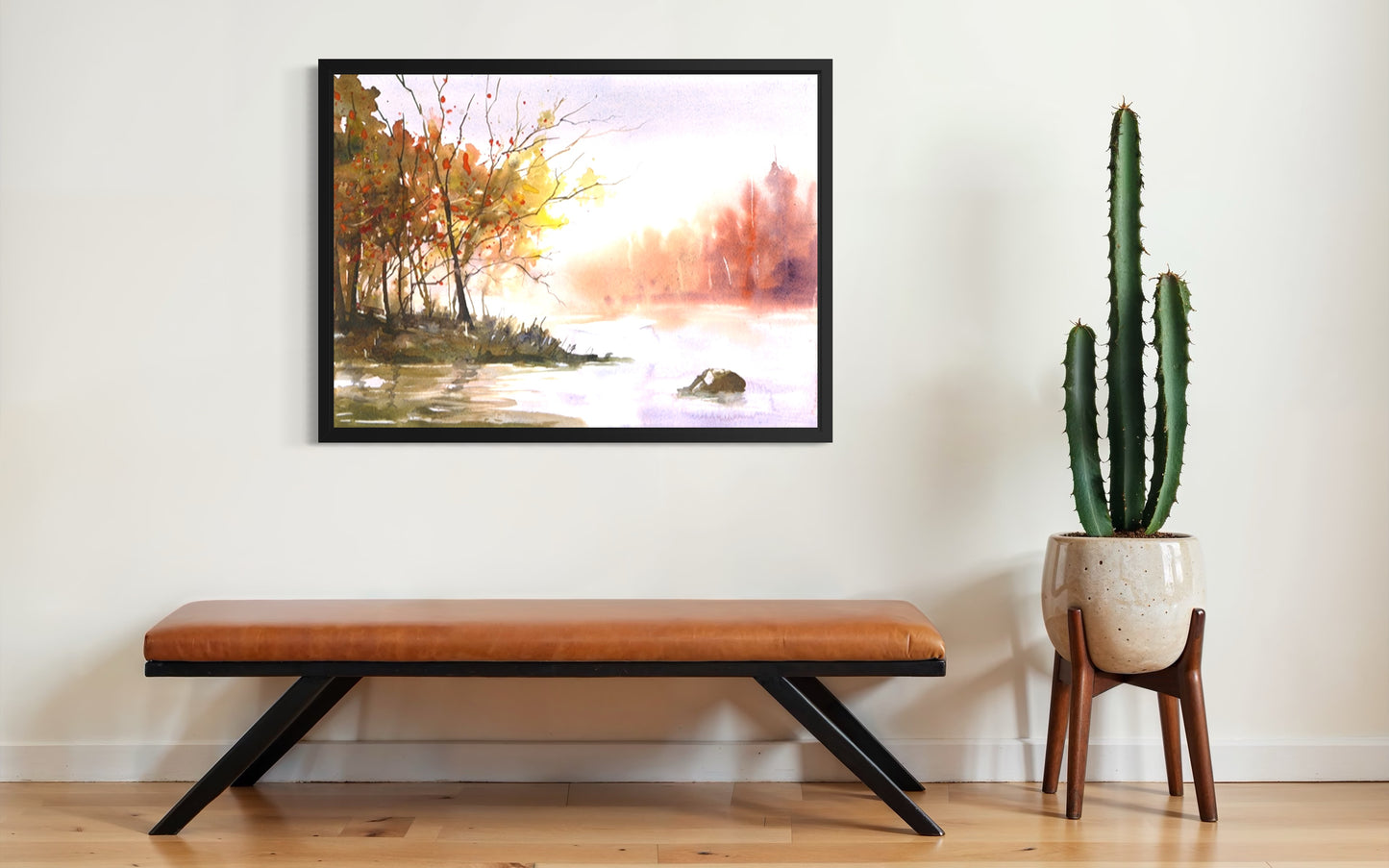 Watercolor fall scenery painting featuring lakeside trees, glowing sunlight through fog, and calm water reflections, serene home decor