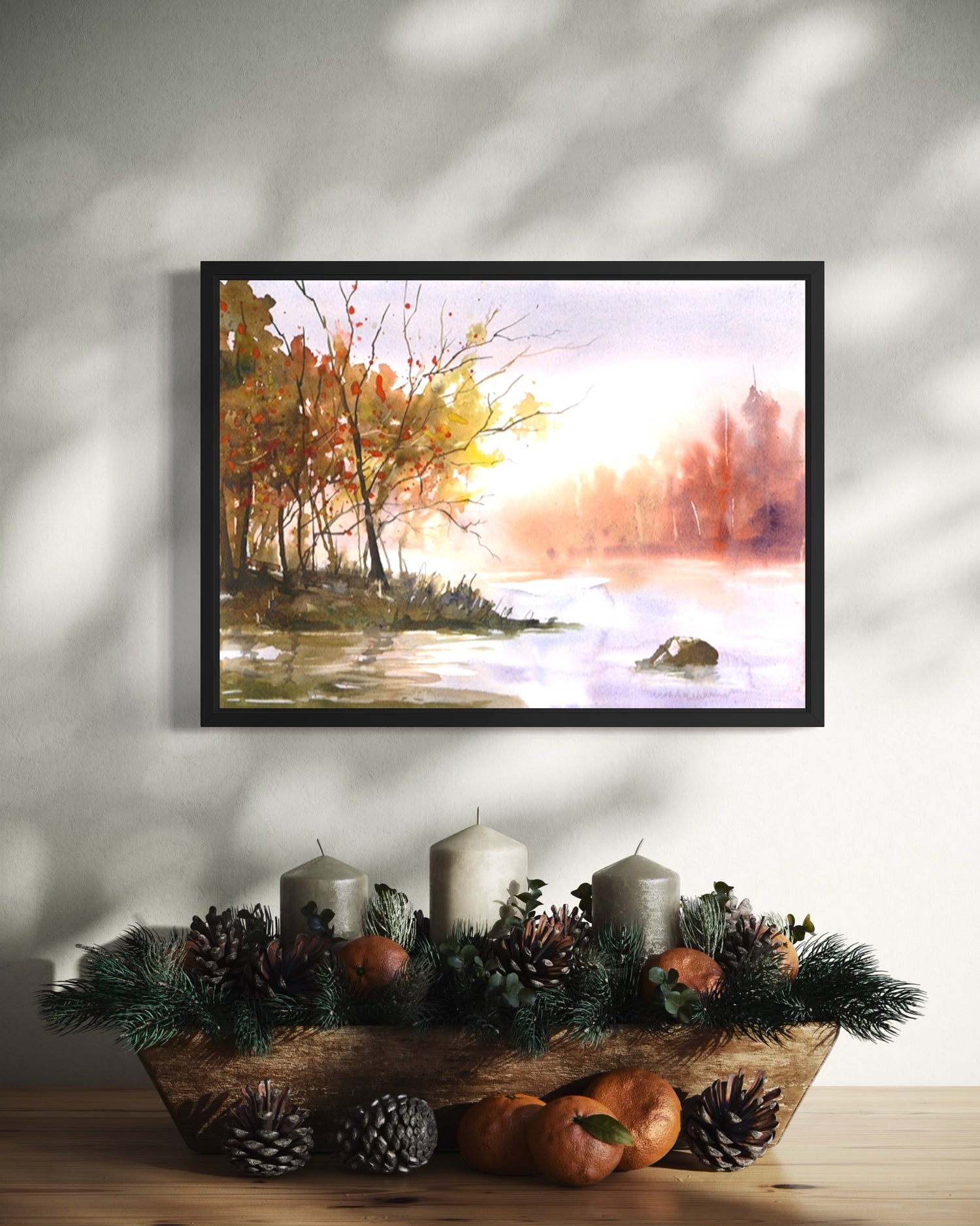 Watercolor painting of foggy fall lake at sunrise with colorful trees and soft reflections, calming landscape artwork for wall decor