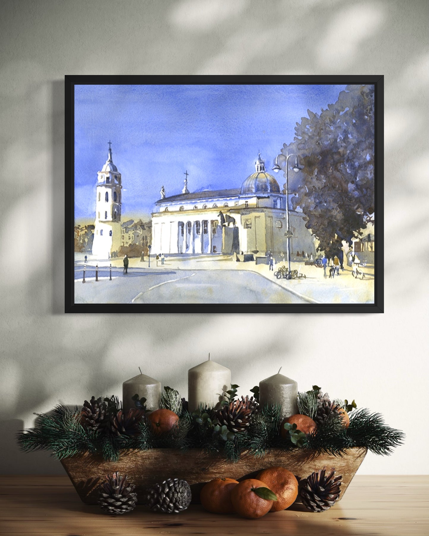 Lithuania watercolor architecture painting featuring Vilnius Cathedral Basilica, bell tower, and historic city skyline in soft washes