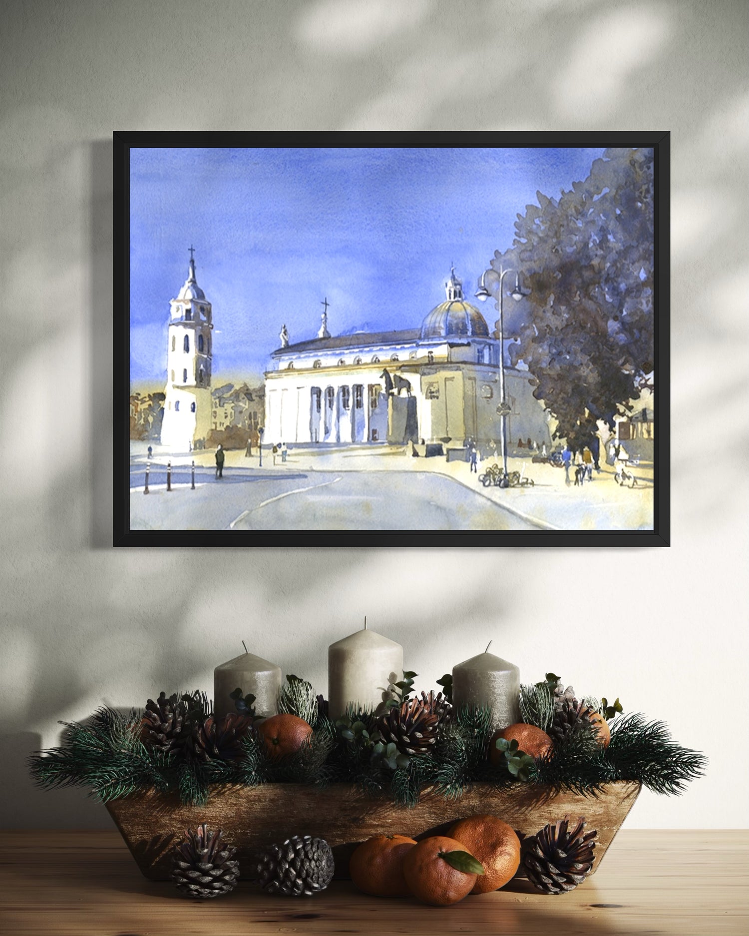 Lithuania watercolor architecture painting featuring Vilnius Cathedral Basilica, bell tower, and historic city skyline in soft washes