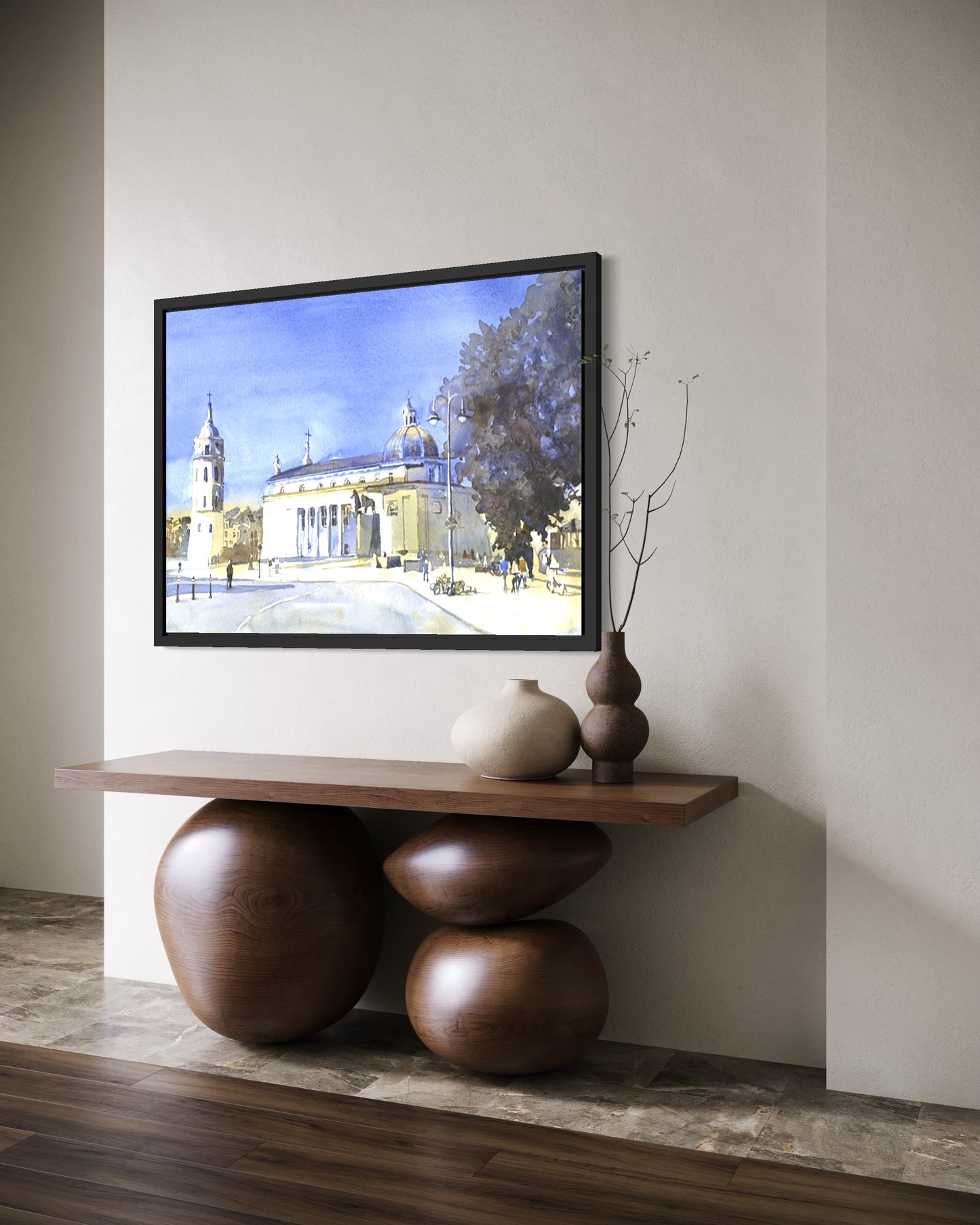 Vilnius Cathedral Square watercolor artwork in Lithuania with neoclassical columns, domed roof, and urban street perspective