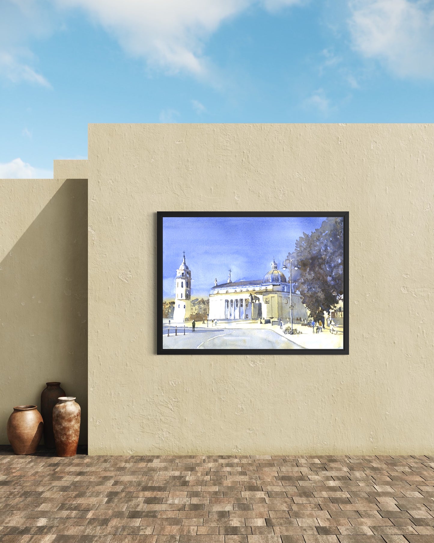 Watercolor travel painting of Vilnius Old Town landmark—Vilnius Cathedral square with pedestrians and bright afternoon light