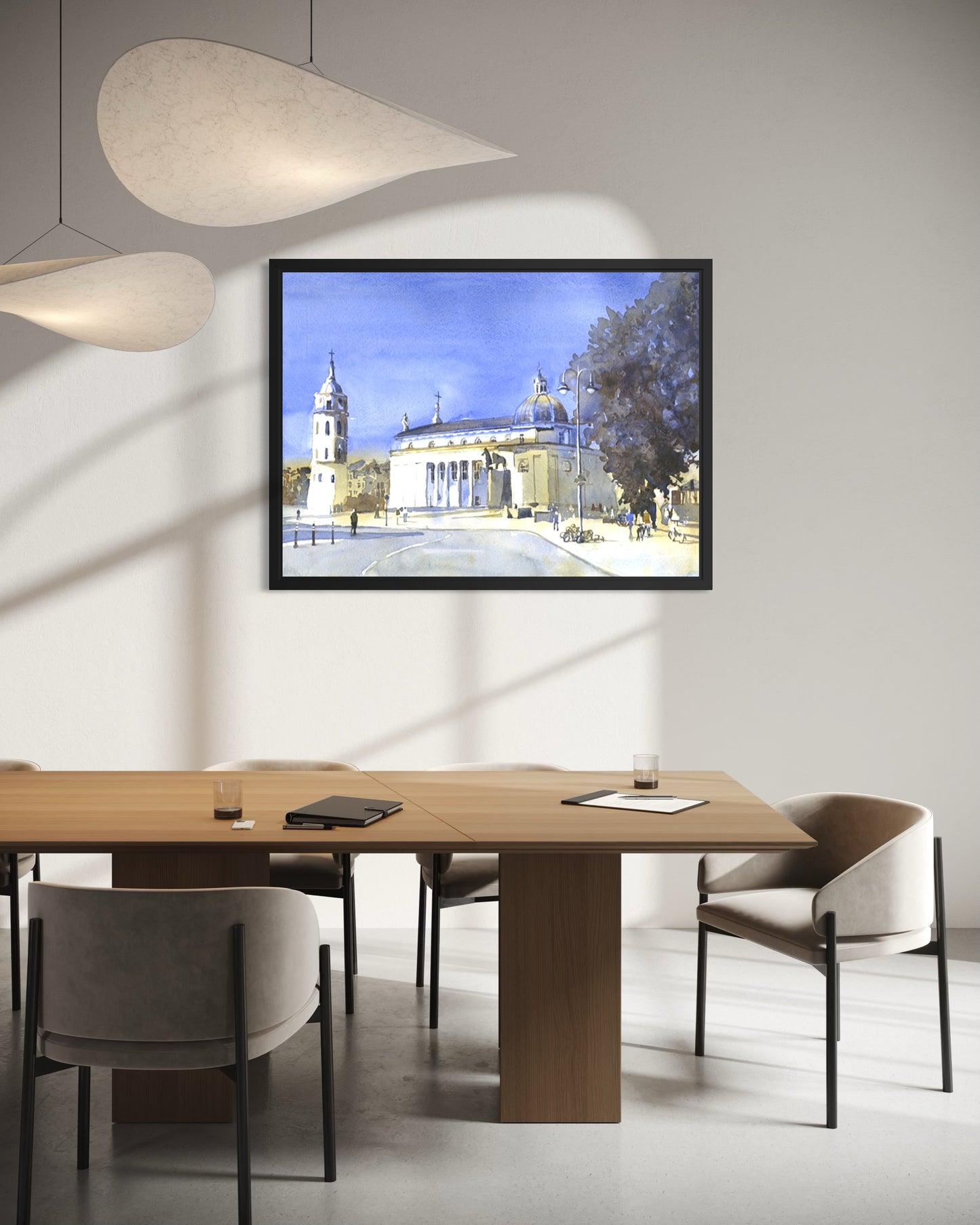 Vilnius Lithuania watercolor cityscape art showing Cathedral Basilica dome, bell tower, and Cathedral Square travel scene