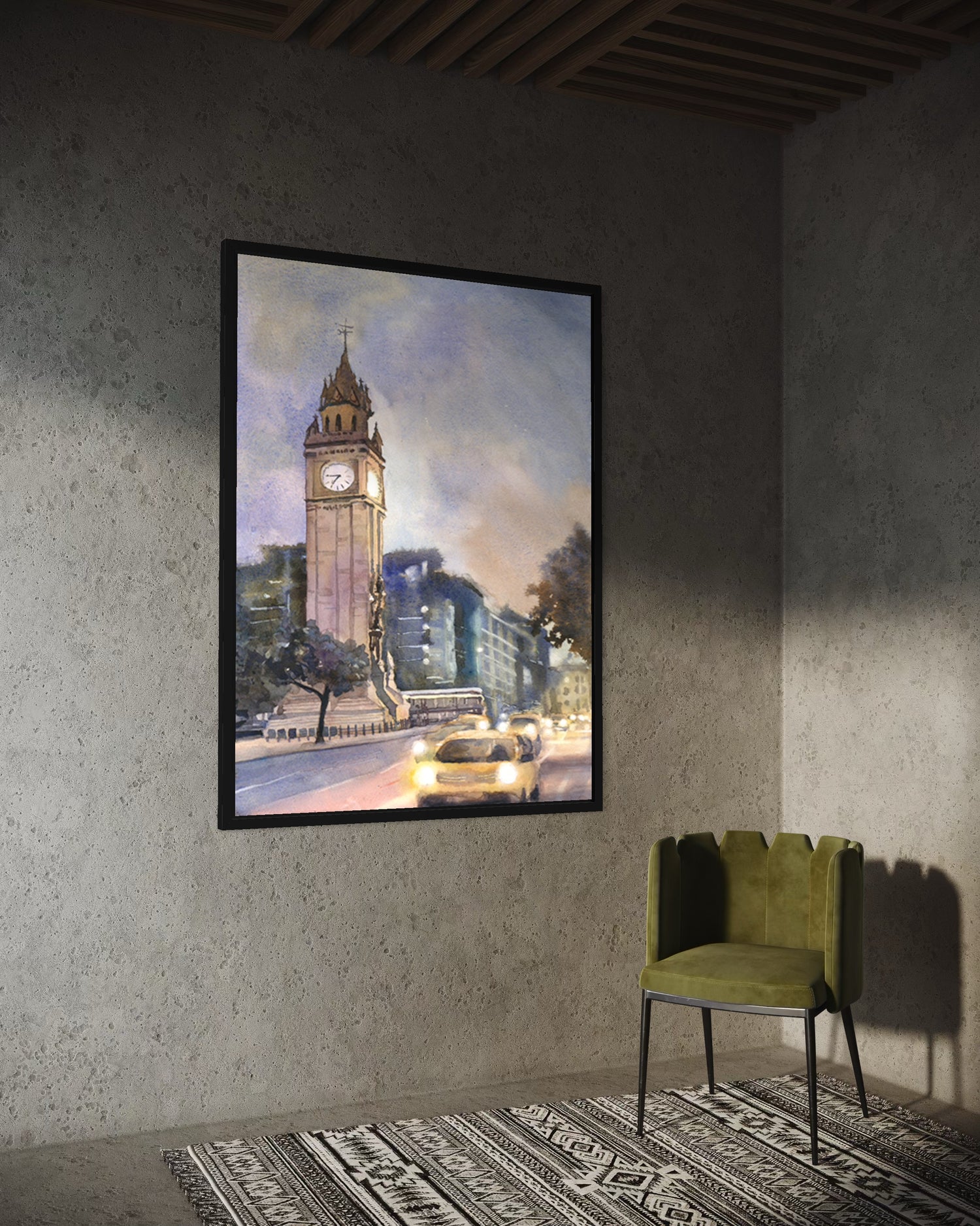 Albert Memorial Clock Tower Belfast watercolor illustration—Northern Ireland travel art with streetlights and skyline