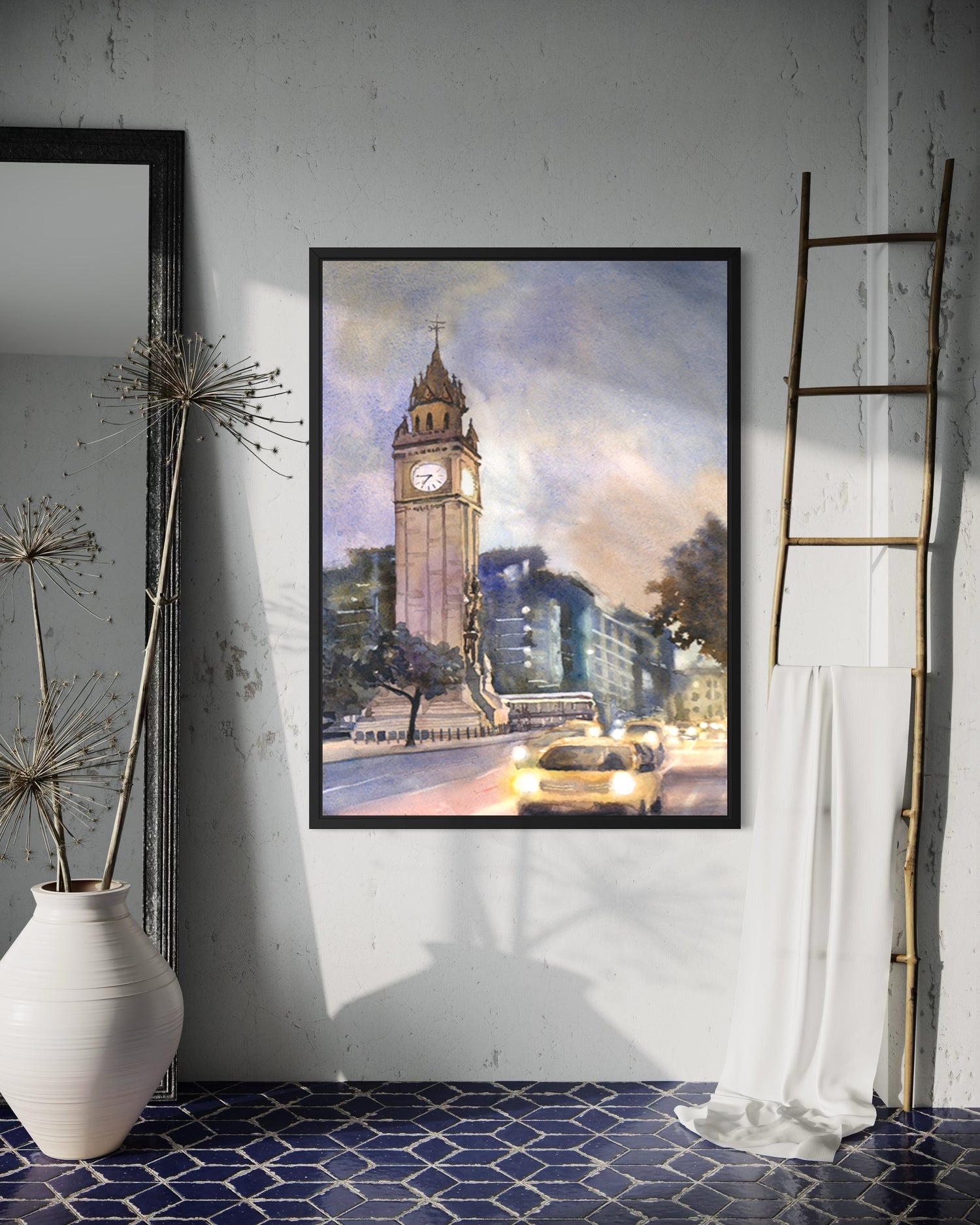 Hand-painted watercolor of Albert Clock Belfast city center, Victorian architecture, soft atmospheric light and rain-haze mood