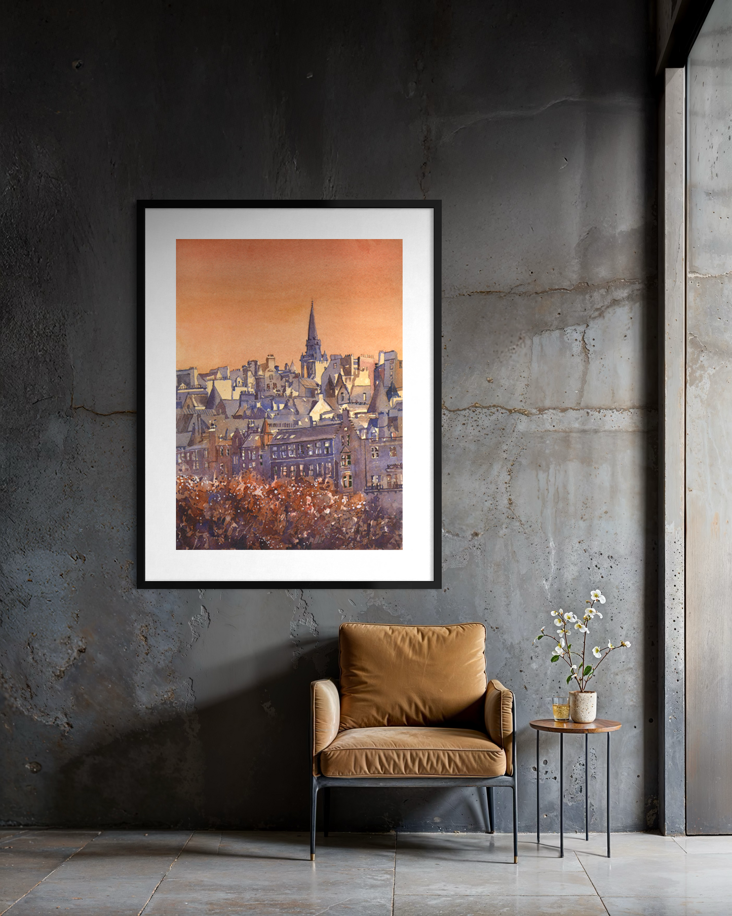Edinburgh skyline Scotland medieval architecture cityscape handmade item watercolor painting interior design (original)