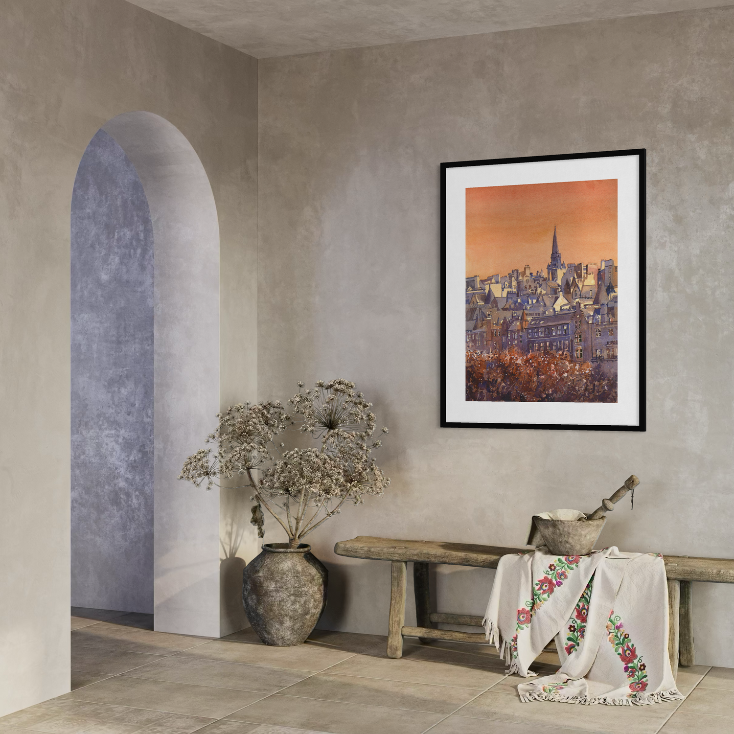 Edinburgh skyline Scotland medieval architecture cityscape handmade item watercolor painting interior design (original)