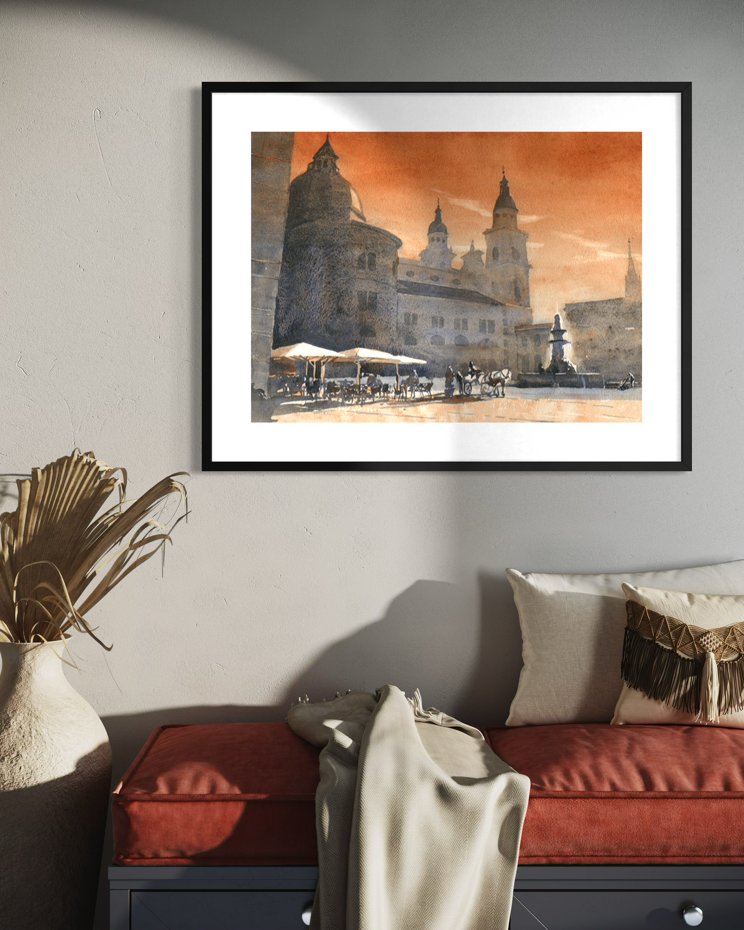 European travel art print of Salzburg Austria with horse carriage and warm evening light