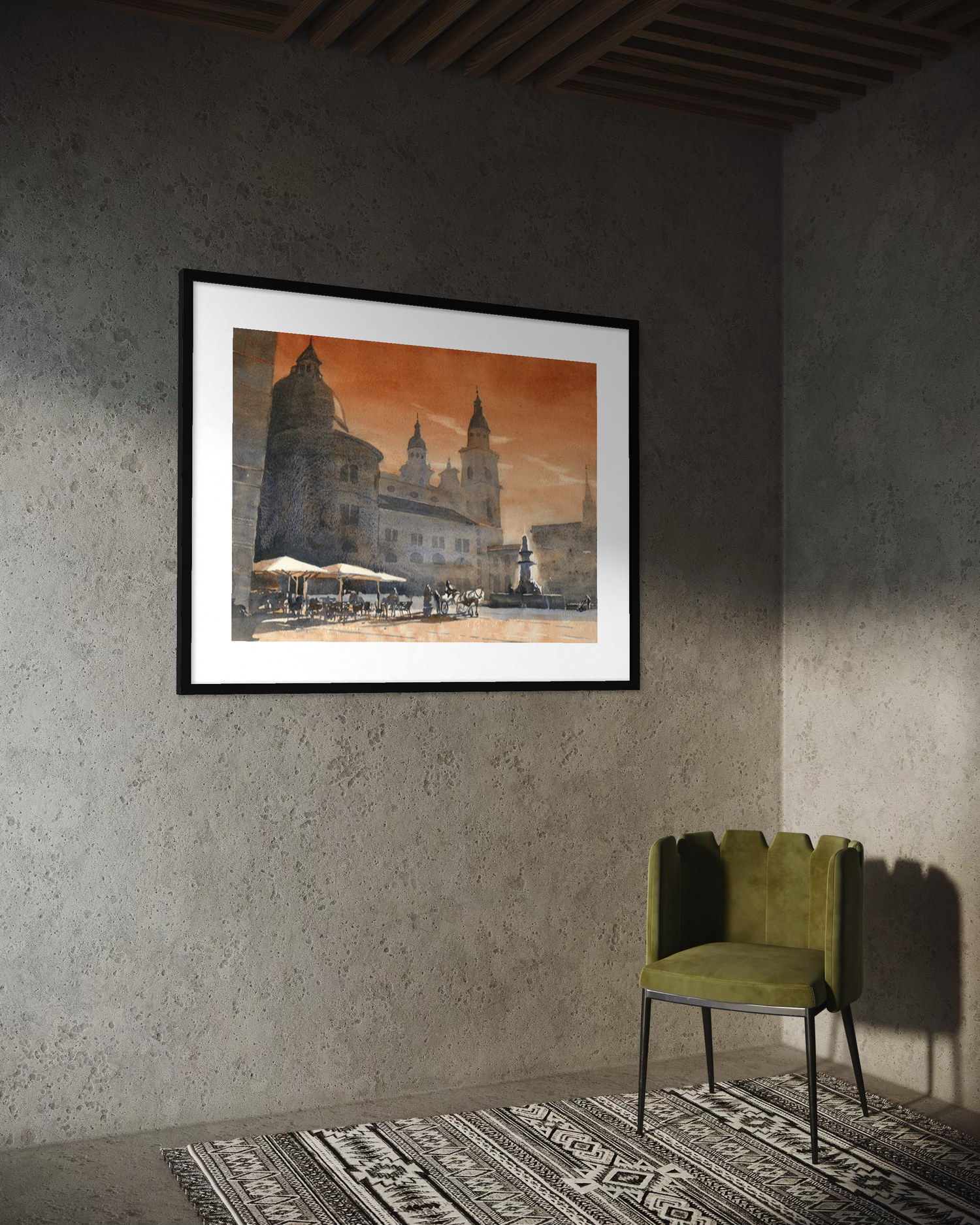 Atmospheric watercolor of Salzburg Old Town cafés, cobblestones, and cathedral spires