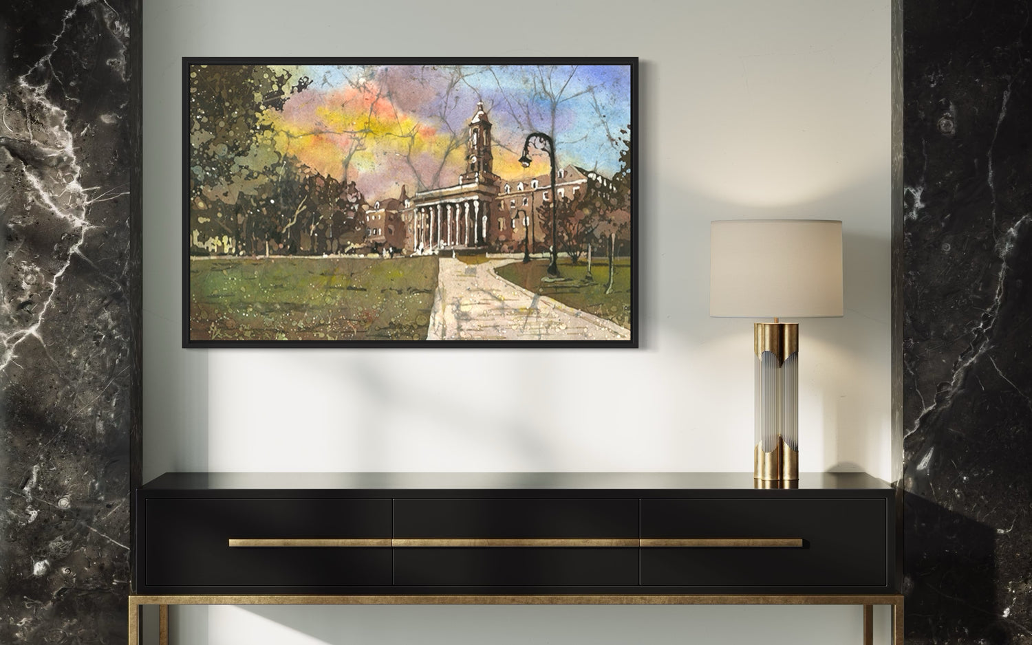 Penn State campus art print featuring Old Main in rich watercolor tones, perfect for dorm or office decor.