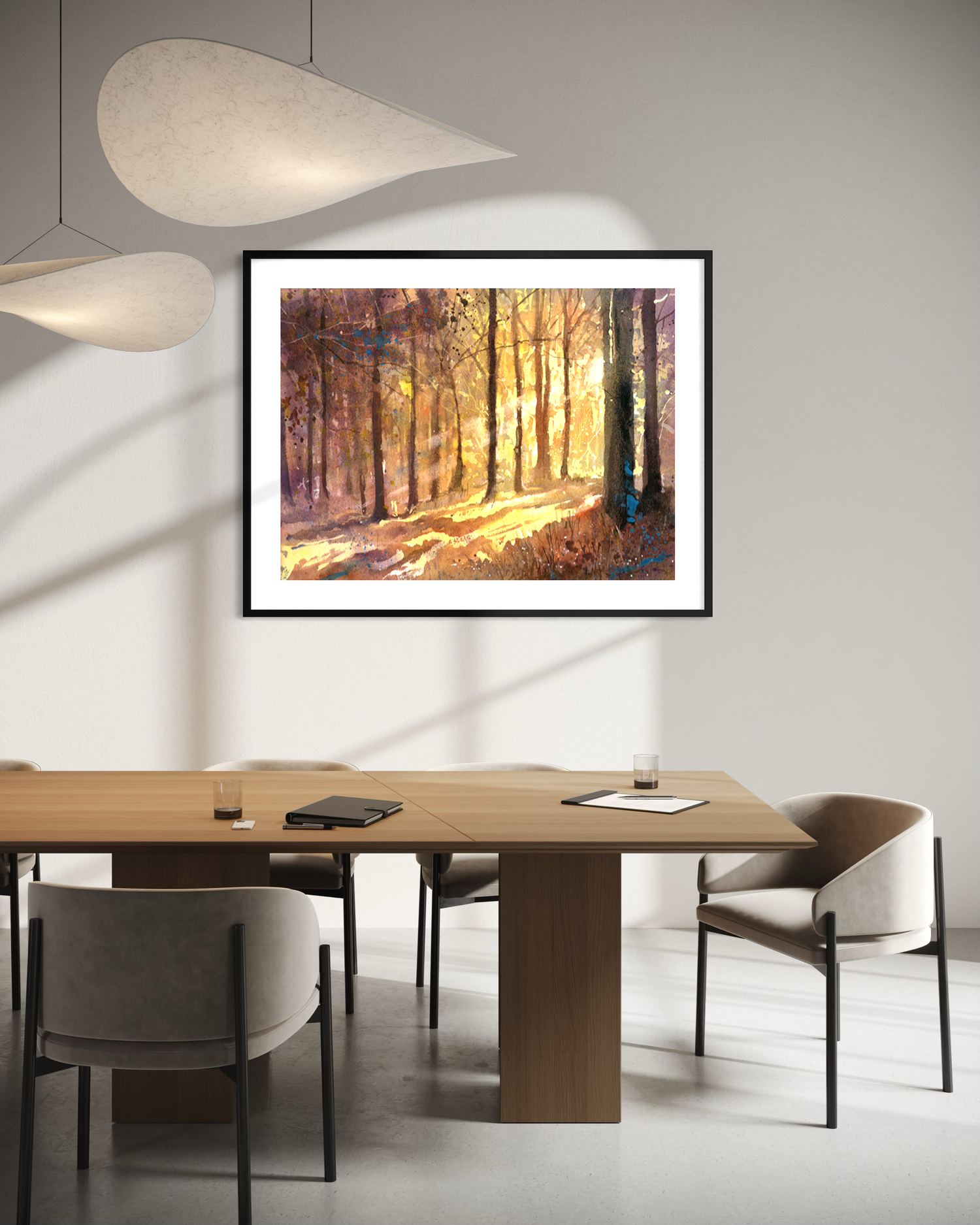 Forest sunset suns rays in colorful landscape watercolor painting art for house interior design handmade item (original)