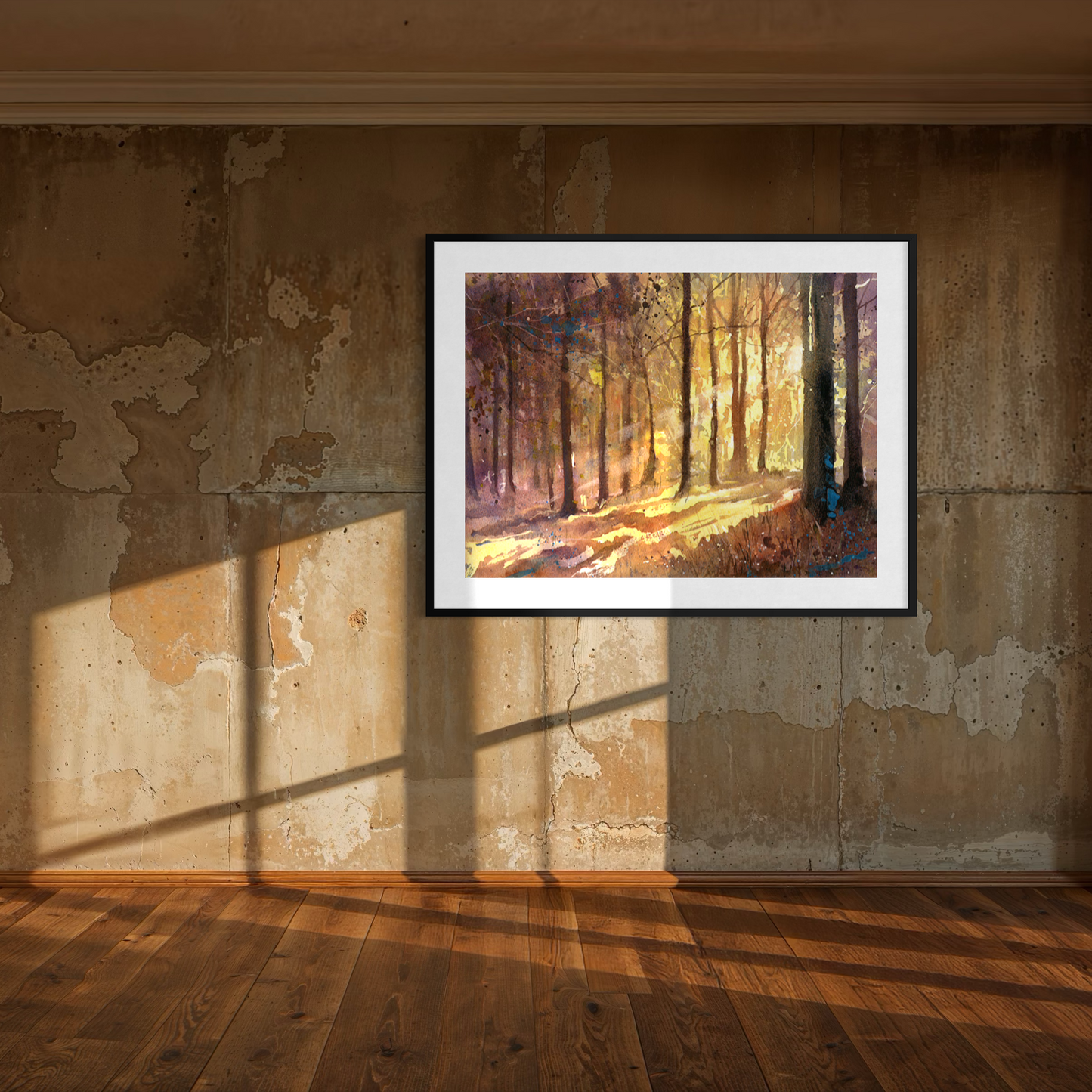 Forest sunset suns rays in colorful landscape watercolor painting art for house interior design handmade item (original)