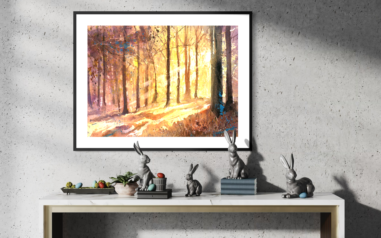 Forest sunset suns rays in colorful landscape watercolor painting art for house interior design handmade item (original)