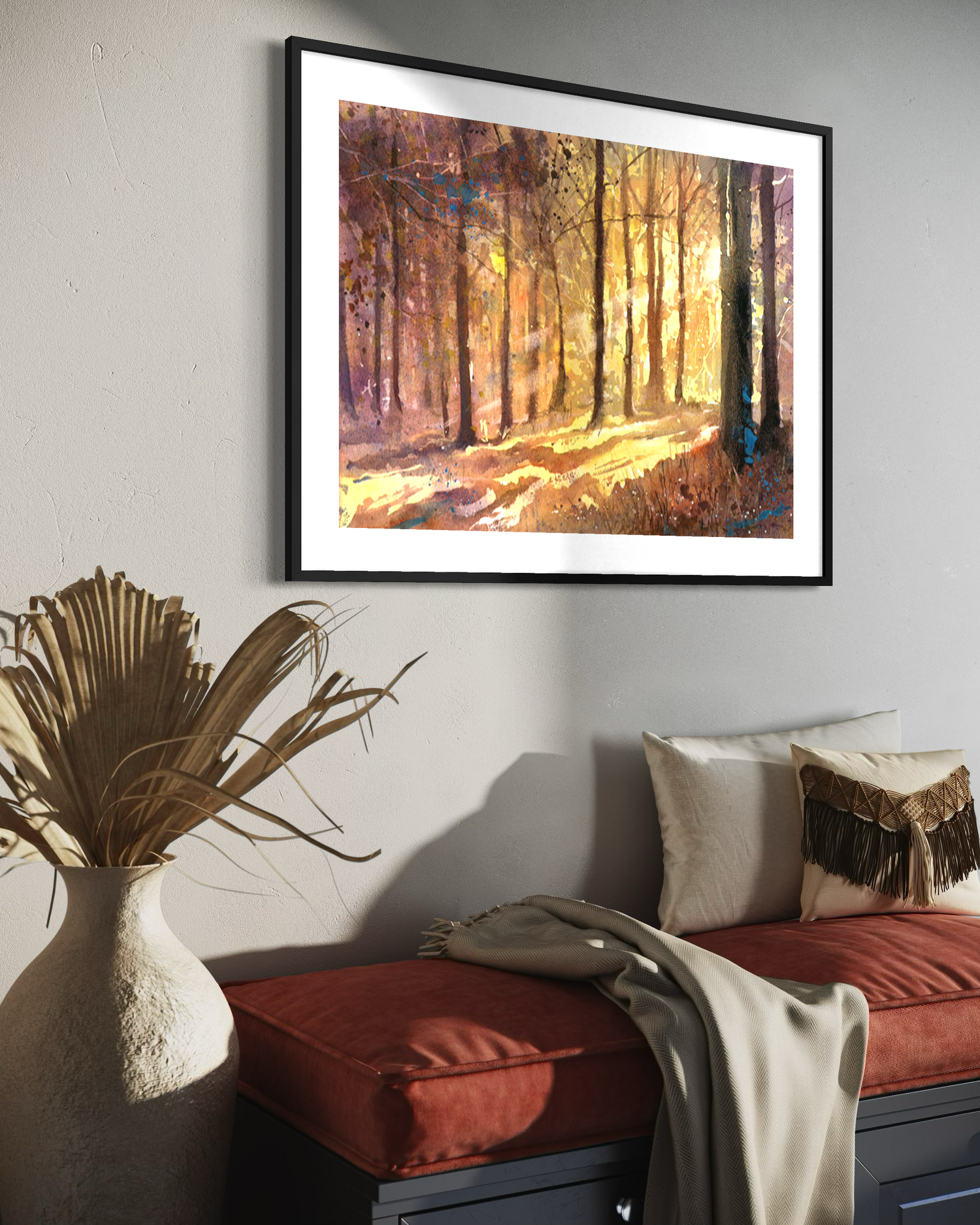 Forest sunset suns rays in colorful landscape watercolor painting art for house interior design handmade item (original)