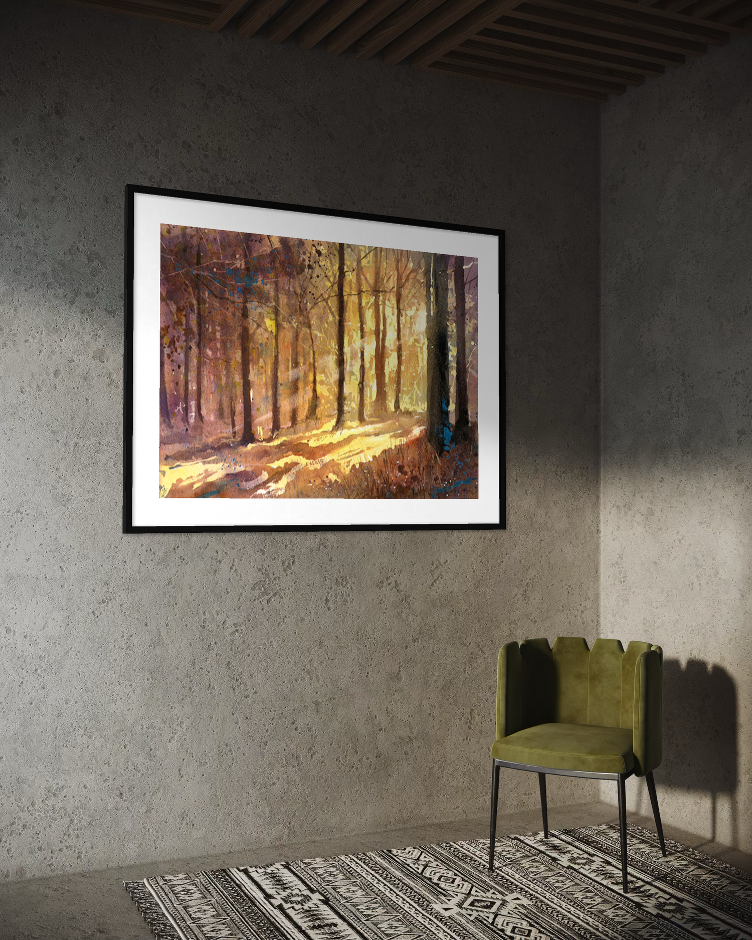 Forest sunset suns rays in colorful landscape watercolor painting art for house interior design handmade item (original)