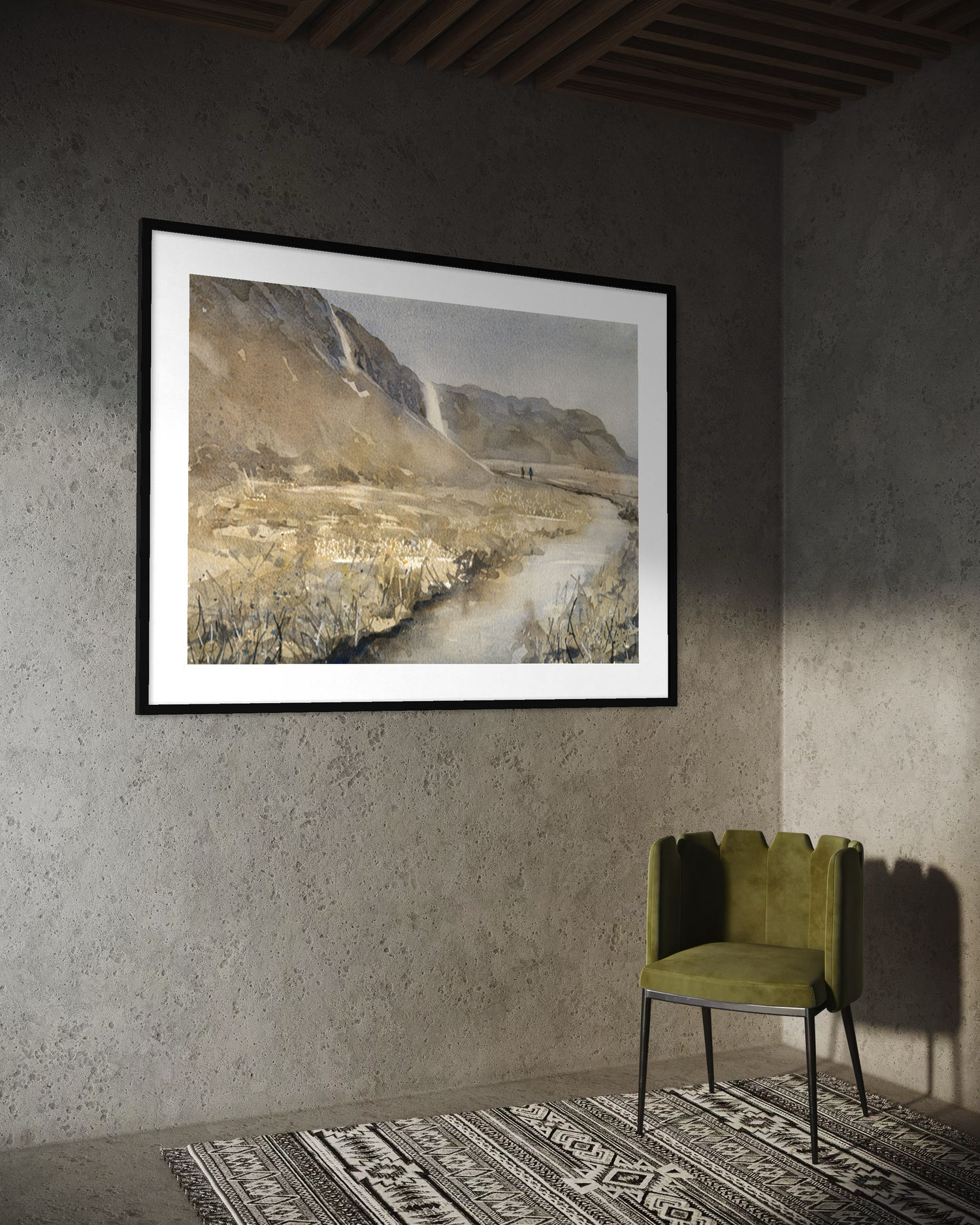 Expressive watercolor painting of Iceland valley and Seljalandsfoss waterfall