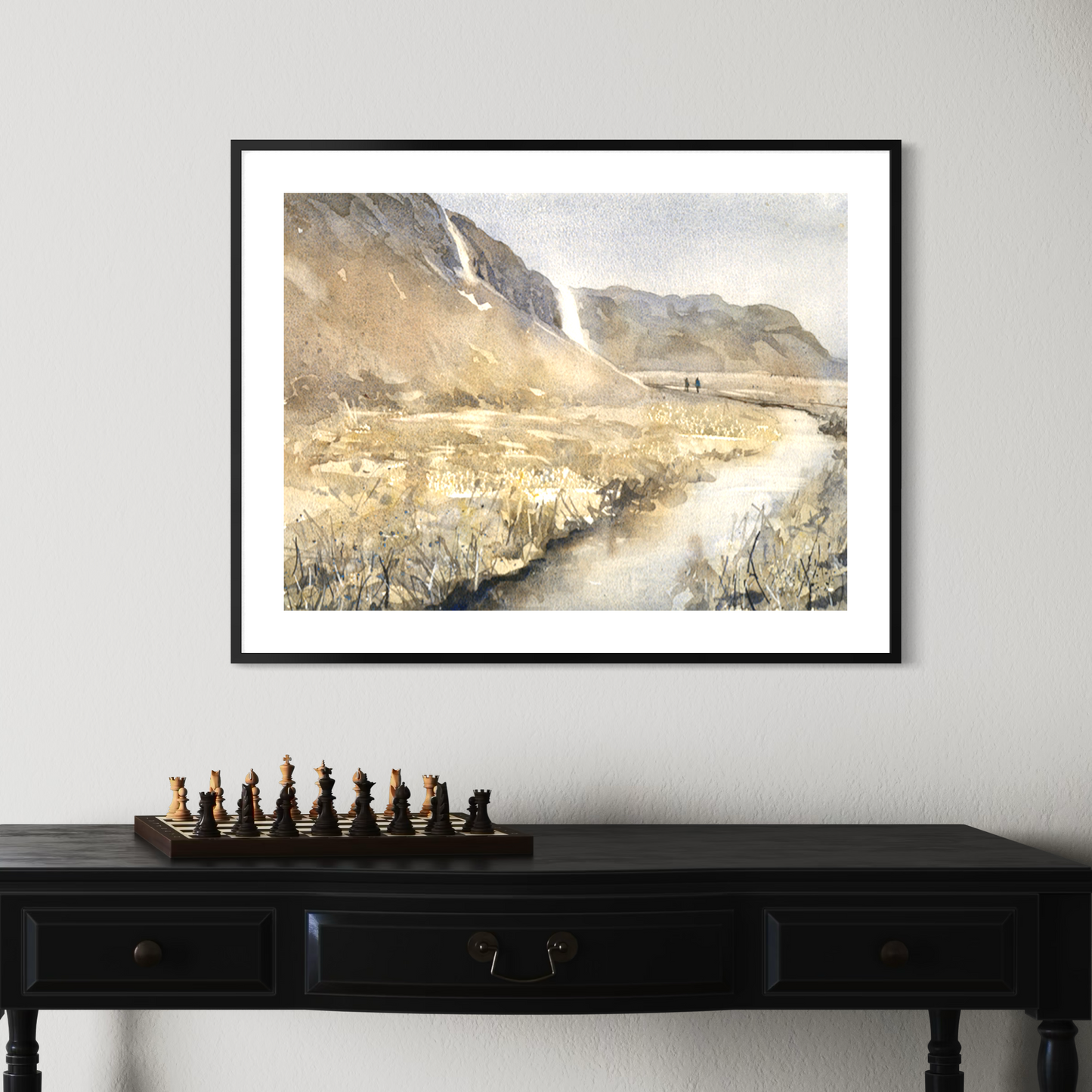 Original watercolor landscape of Seljalandsfoss waterfall in southern Iceland