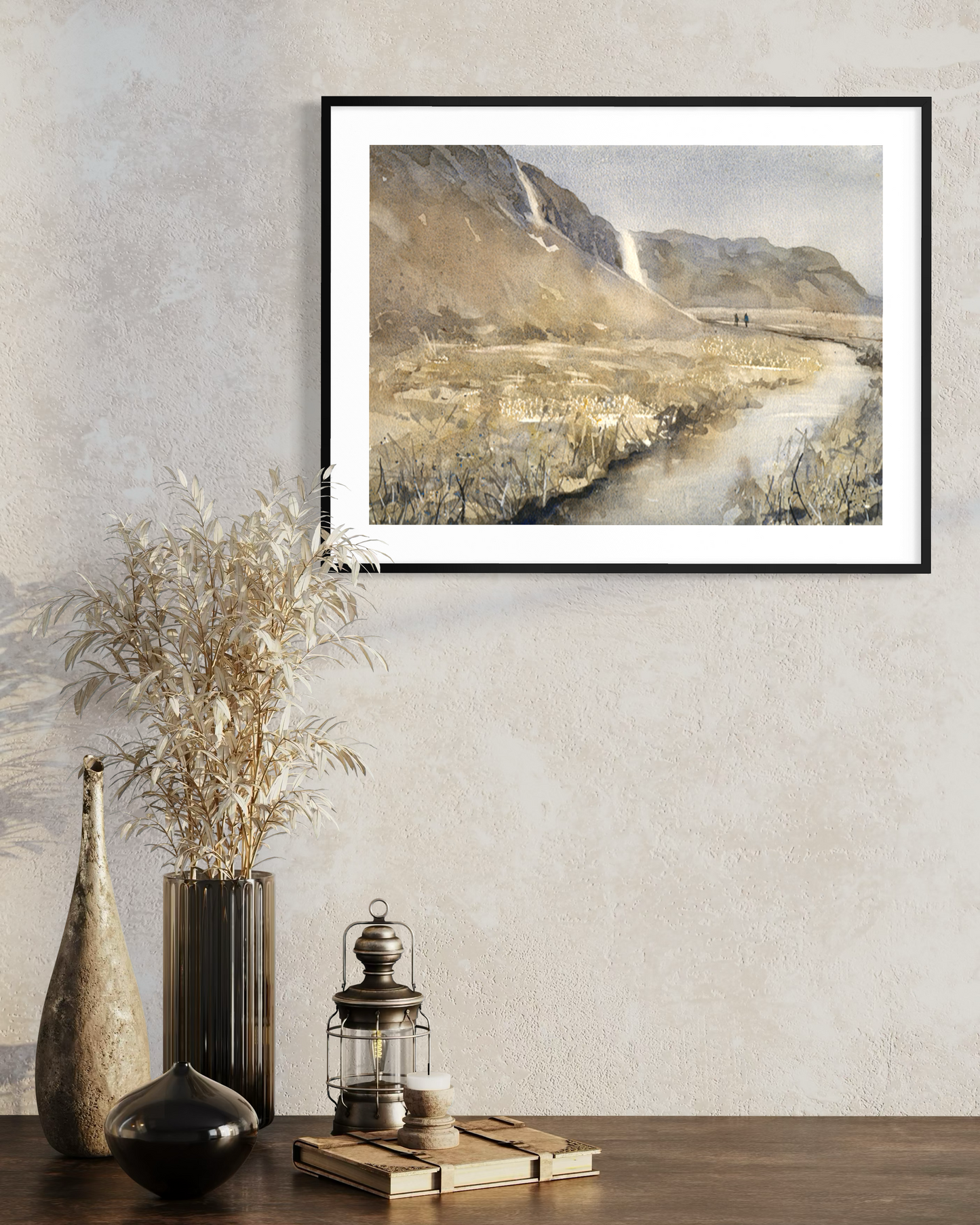 Minimalist watercolor landscape of Iceland with distant waterfall and hikers