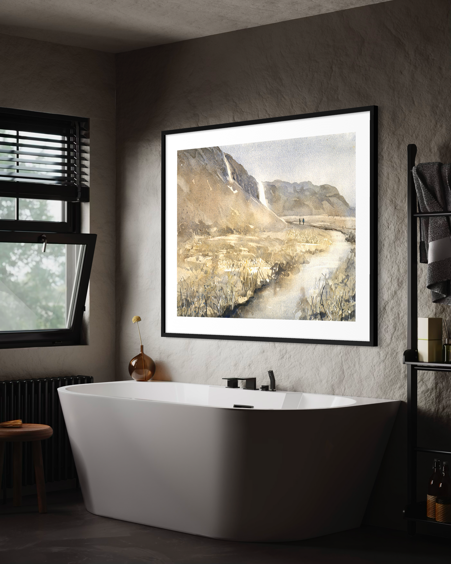 Travel inspired watercolor painting of Iceland countryside with Seljalandsfoss waterfall