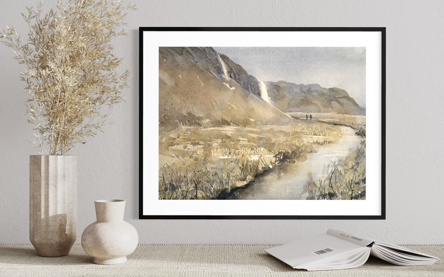 Atmospheric watercolor artwork of Seljalandsfoss waterfall and Icelandic mountains