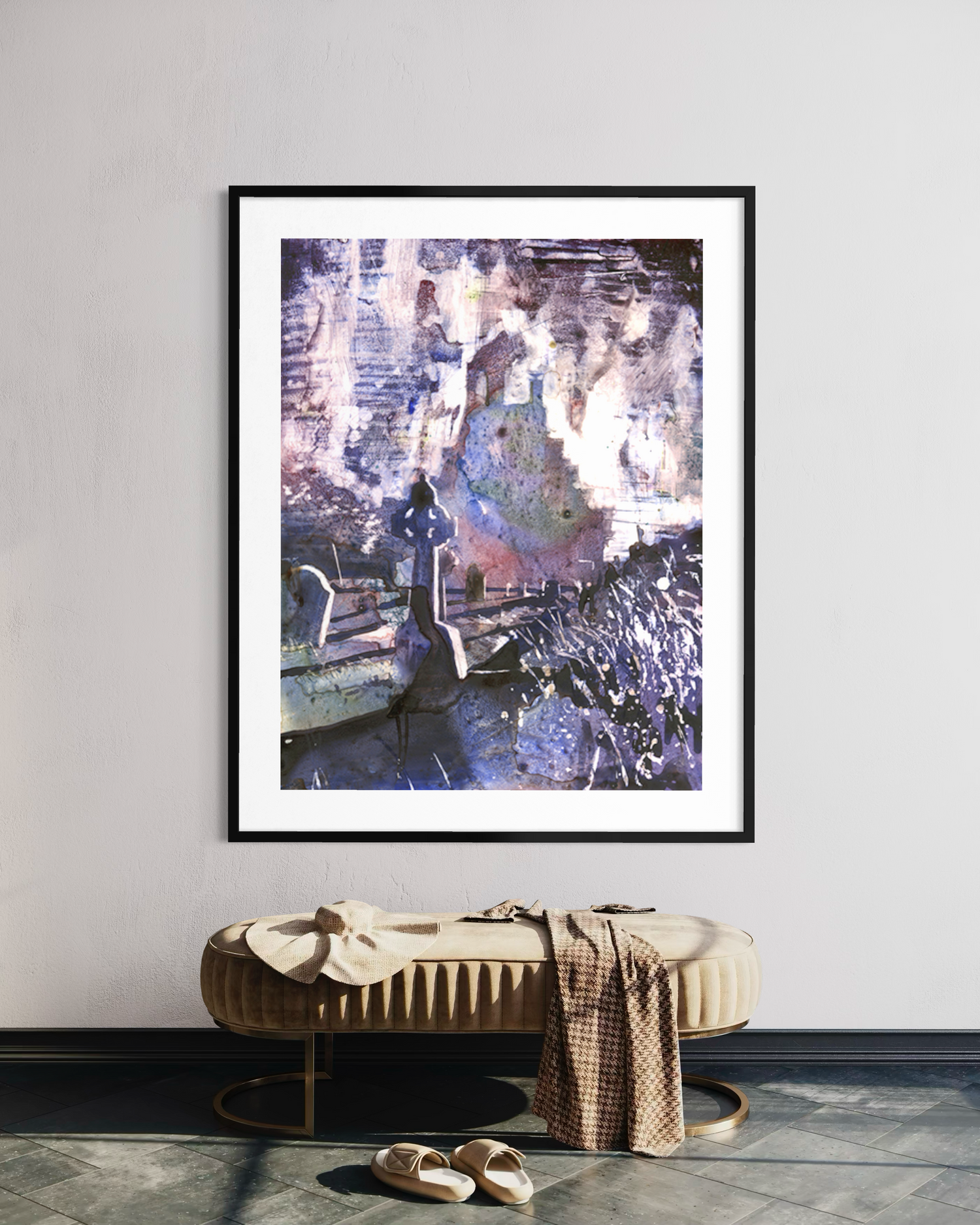 Ruined church Ireland gravestone Abbey Irish countryside artwork travel decor Europe painting (original)