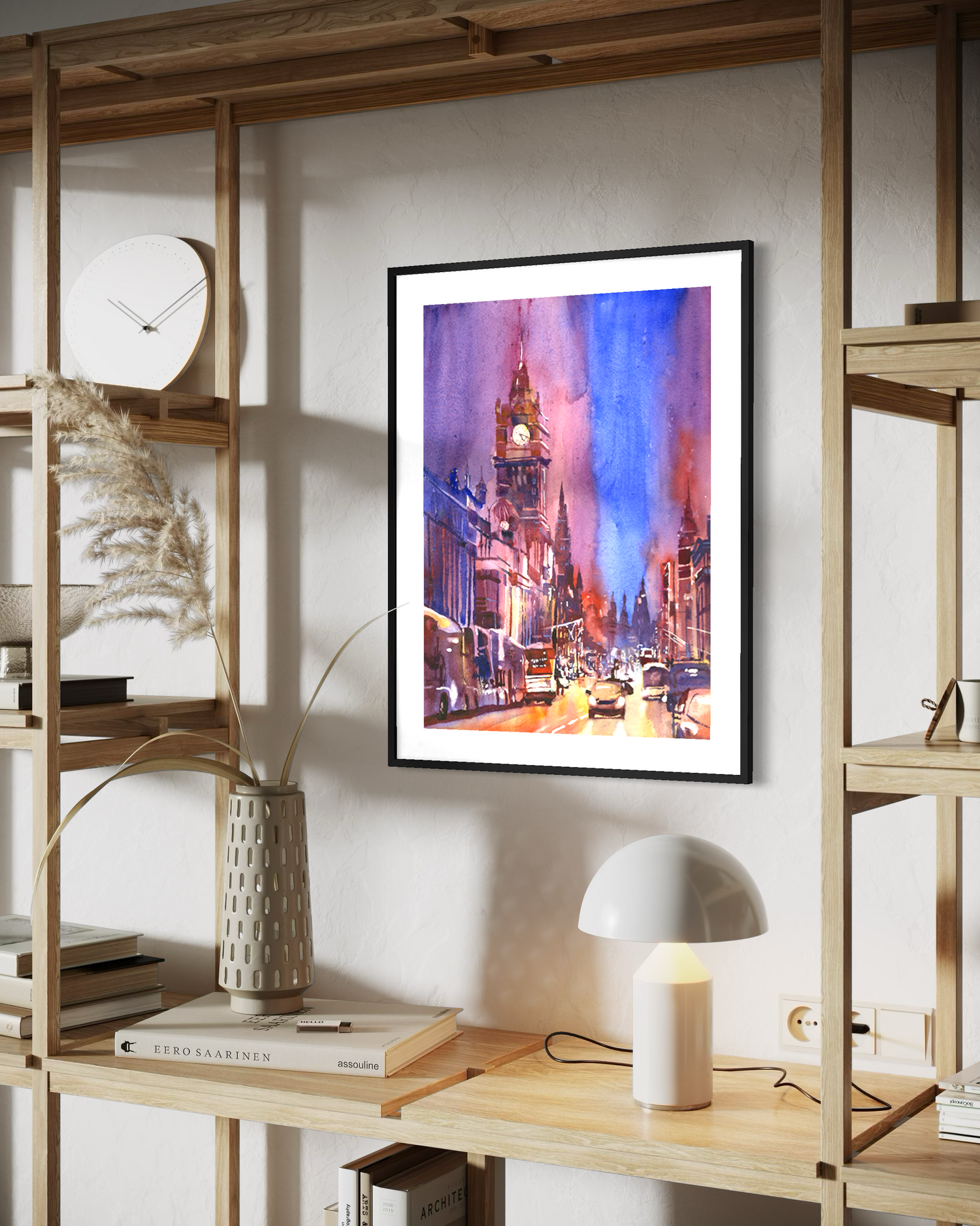 Downtown Edinburgh skyline colorful watercolor cityscape Europe Scotland home decor handmade item art for house travel (original)