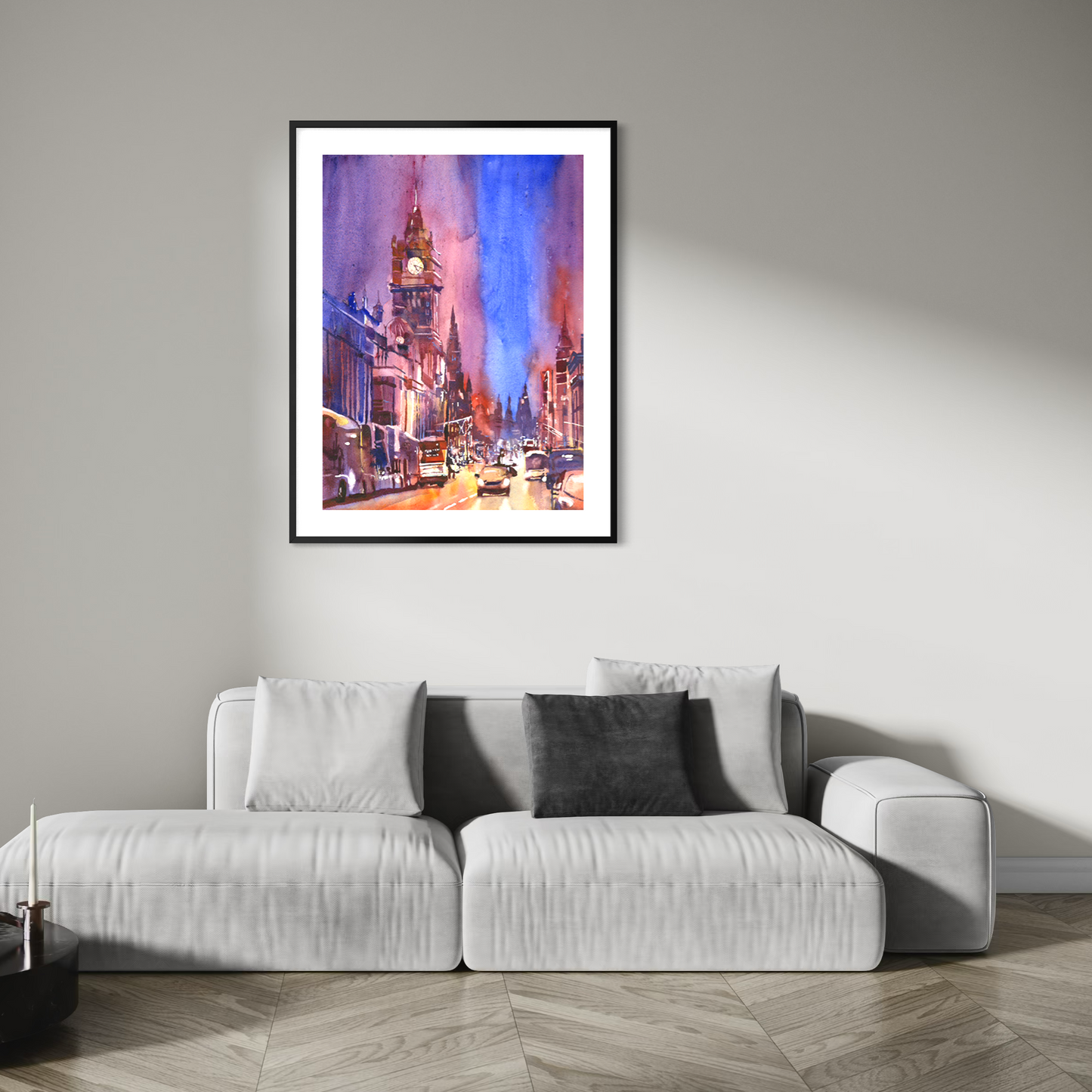Downtown Edinburgh skyline colorful watercolor cityscape Europe Scotland home decor handmade item art for house travel (original)