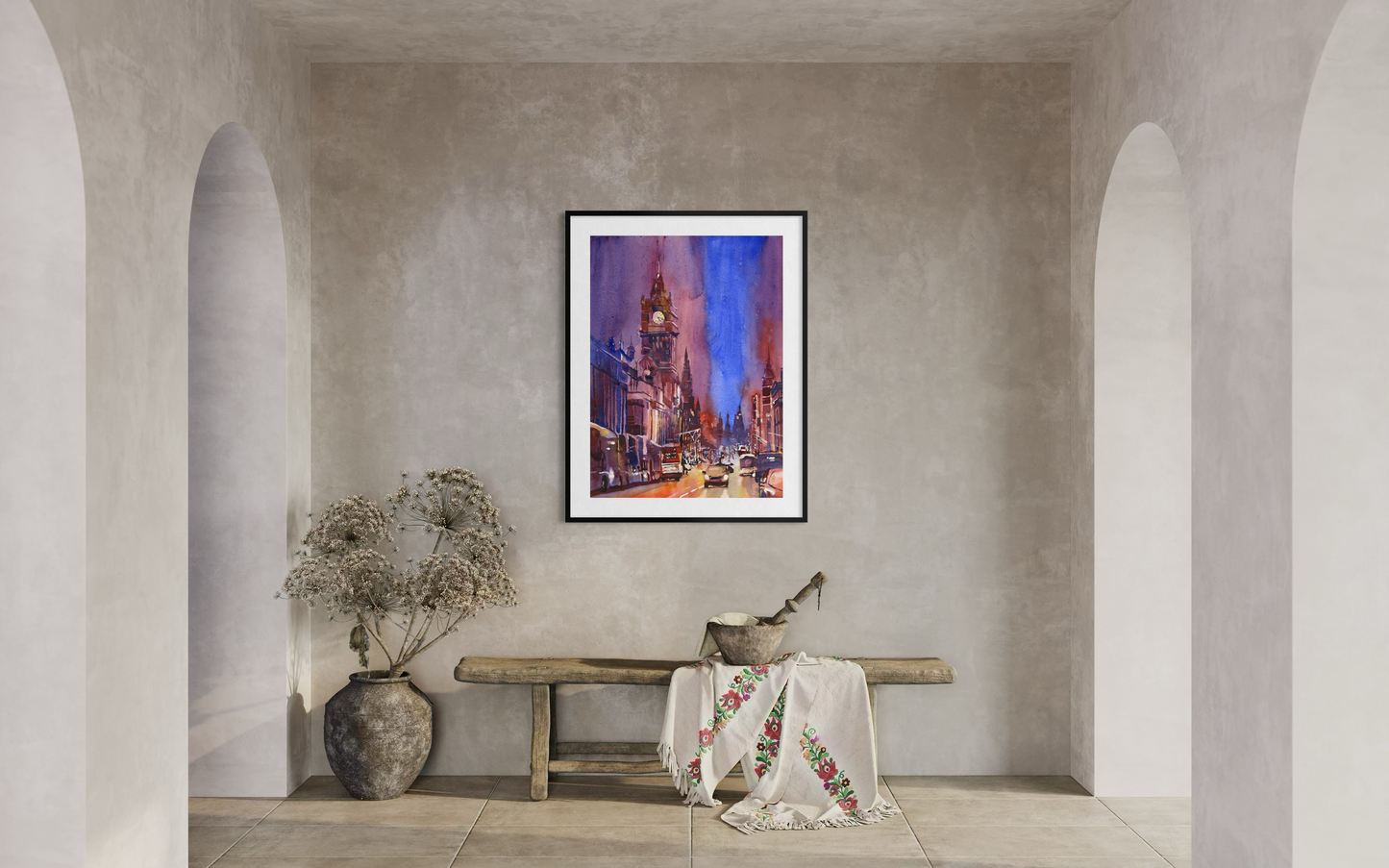 Downtown Edinburgh skyline colorful watercolor cityscape Europe Scotland home decor handmade item art for house travel (original)