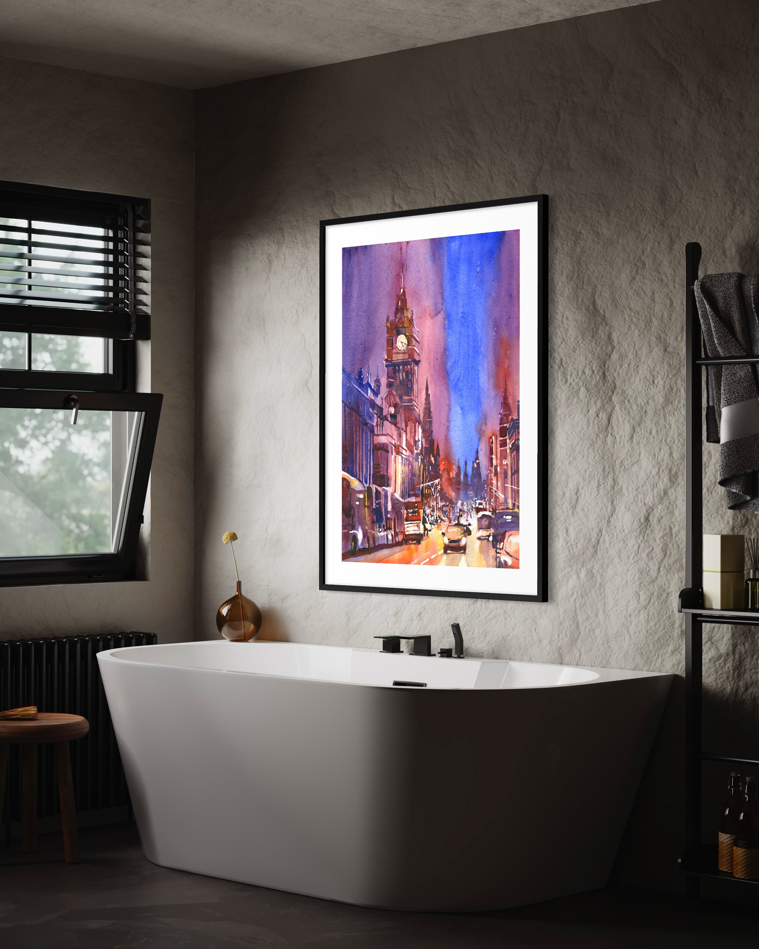 Downtown Edinburgh skyline colorful watercolor cityscape Europe Scotland home decor handmade item art for house travel (original)