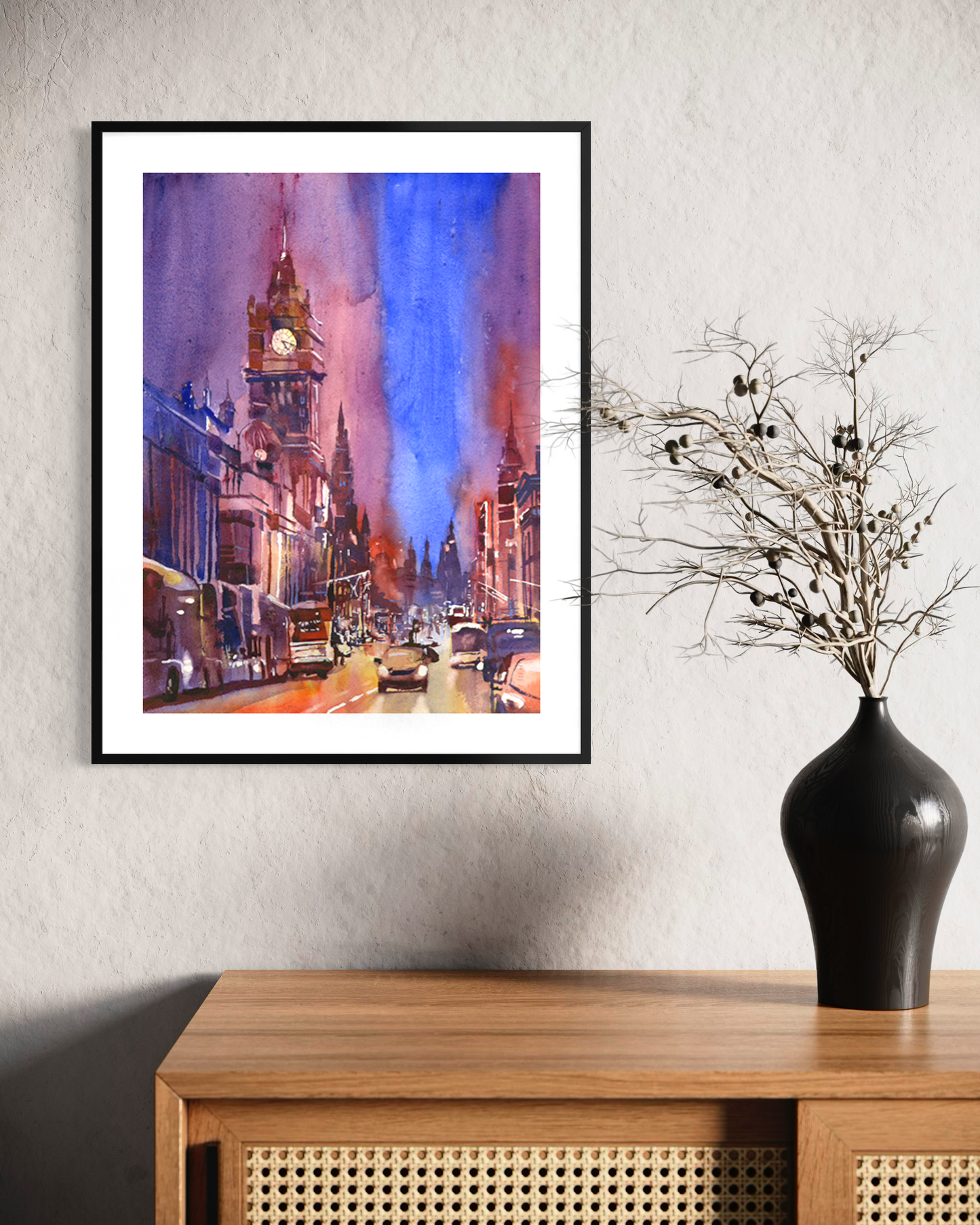 Downtown Edinburgh skyline colorful watercolor cityscape Europe Scotland home decor handmade item art for house travel (original)