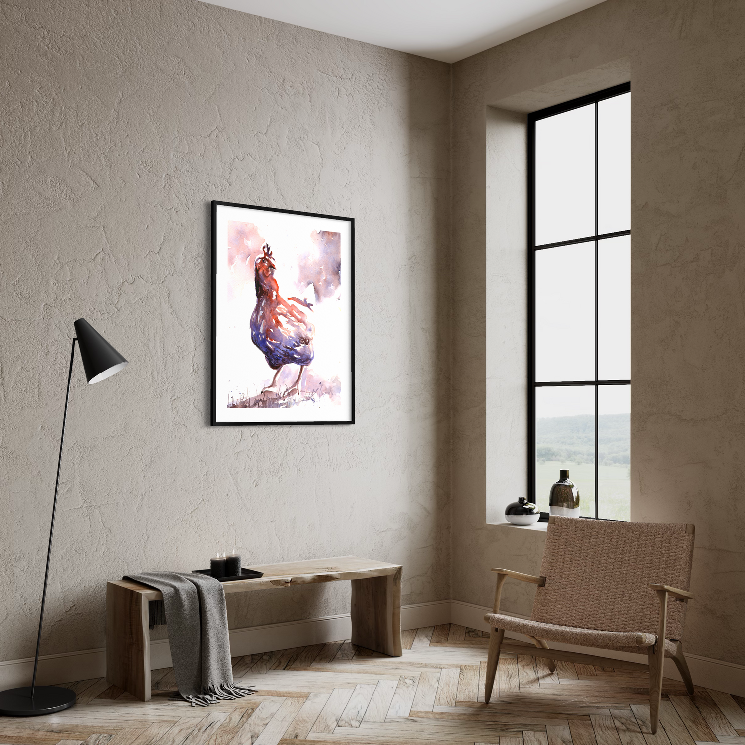 Modern watercolor barnyard chicken painting colorful farm bird artwork