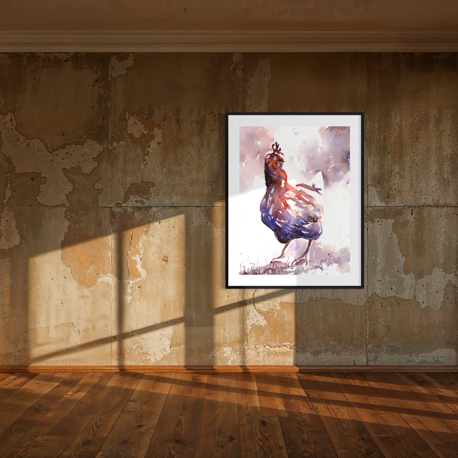 Limited palette watercolor chicken illustration rustic farm animal art print