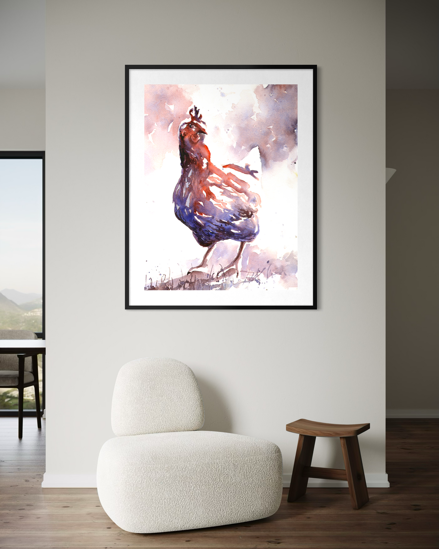 Hand painted watercolor chicken artwork playful farm animal art for nursery or kids room