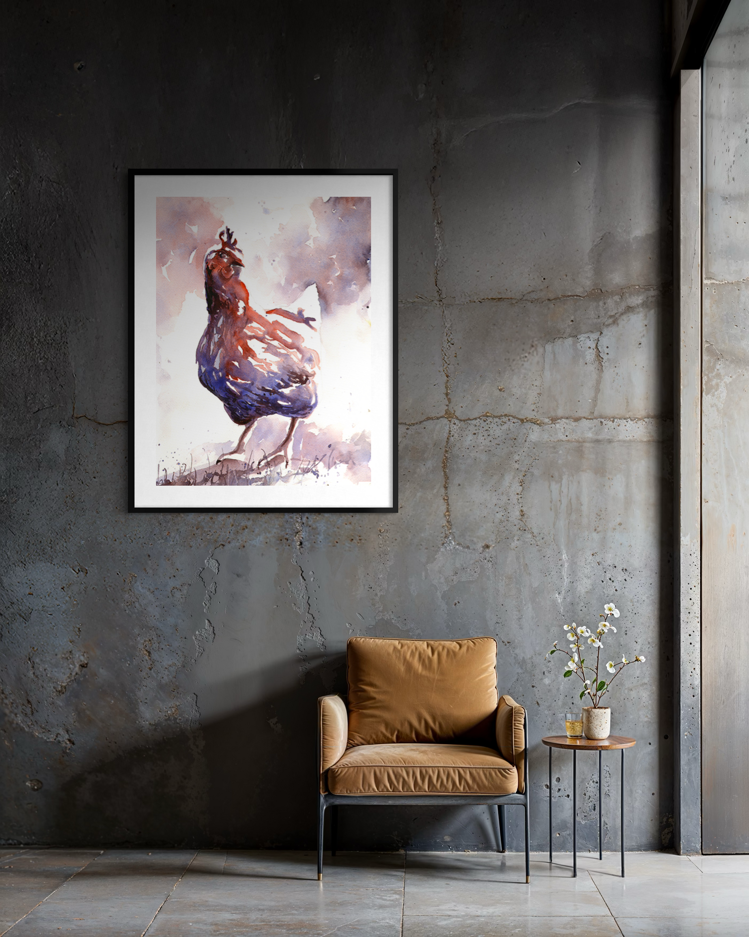 Expressive watercolor rooster chicken painting farmhouse animal wall art