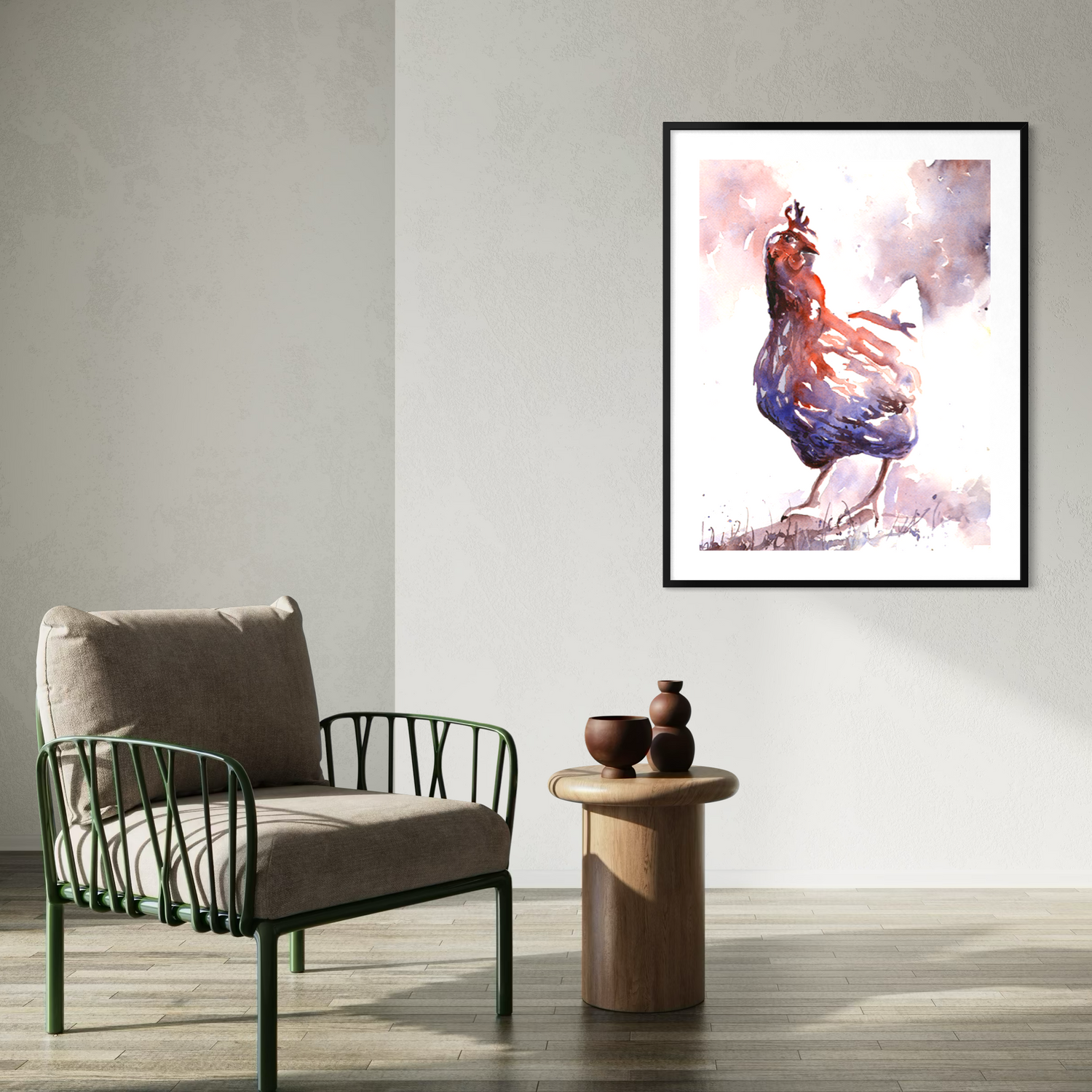 Original watercolor chicken painting animal barnyard bird handmade artwork for home decor