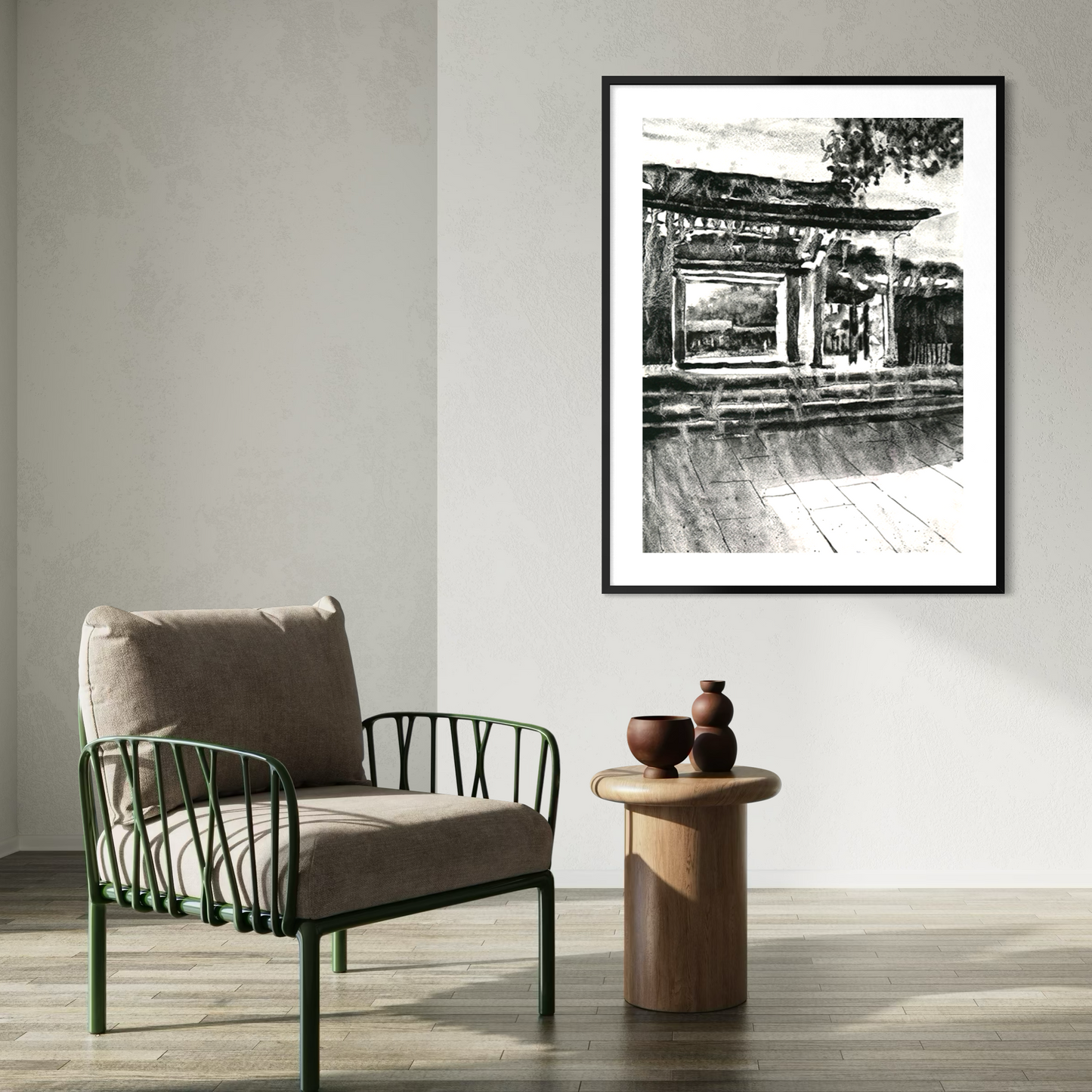 Meiji Jingu shinto temple Tokyo Japan monochromatic watercolor painting handmade item Japanese architecture travel home decor wall artwork (original)