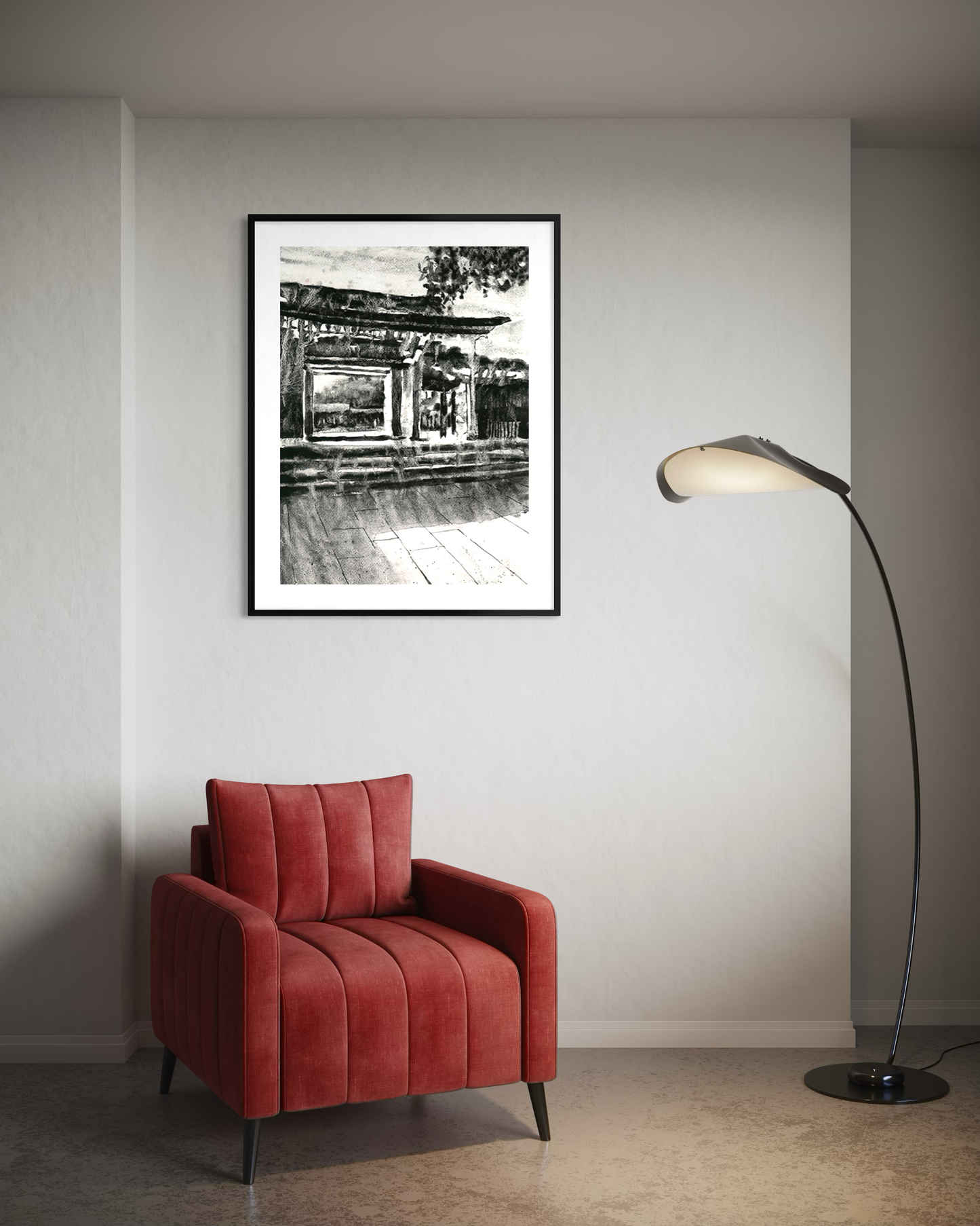 Meiji Jingu shinto temple Tokyo Japan monochromatic watercolor painting handmade item Japanese architecture travel home decor wall artwork (original)